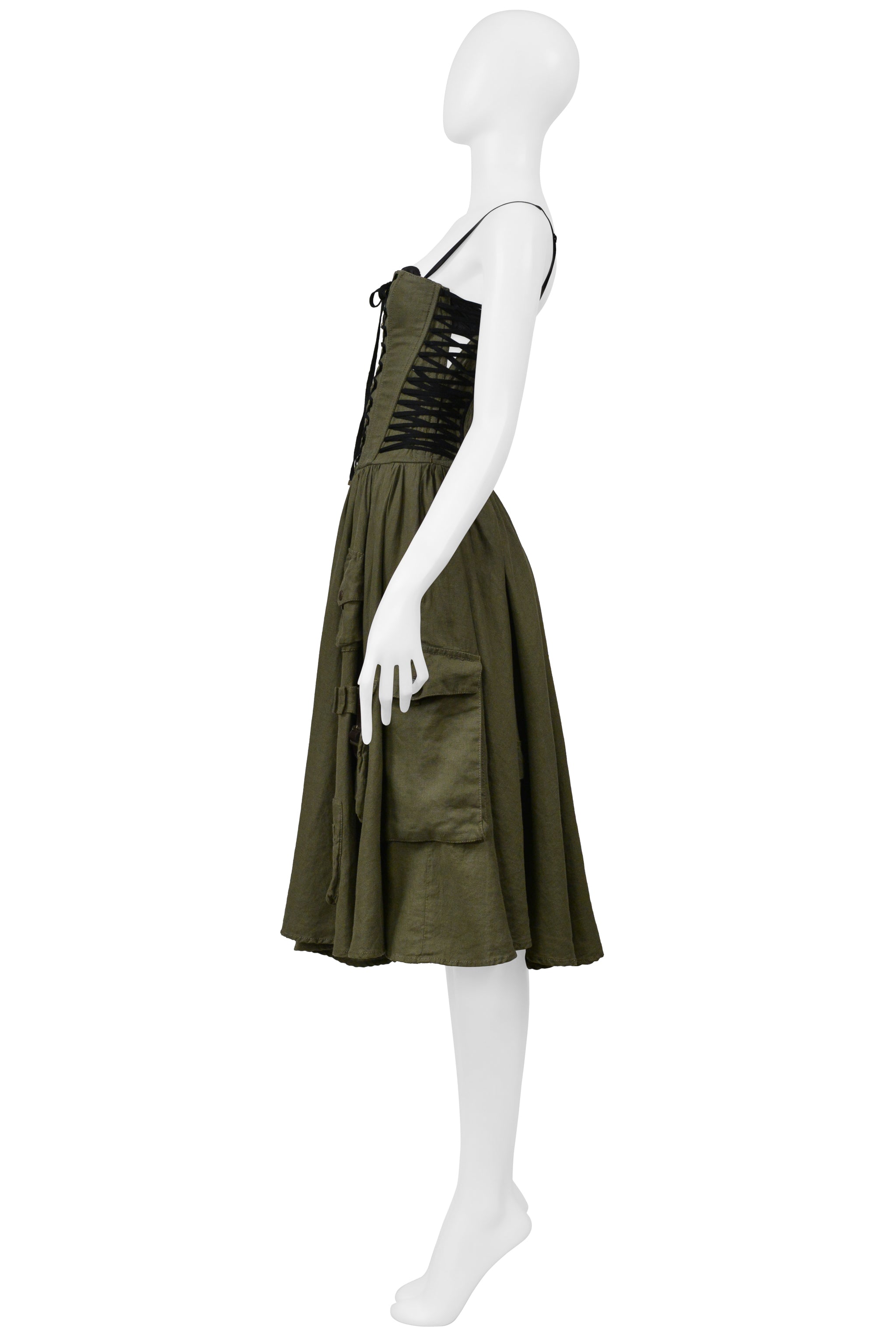 DOLCE & GABBANA ARMY GREEN LINEN CARGO CORSET DRESS 2002