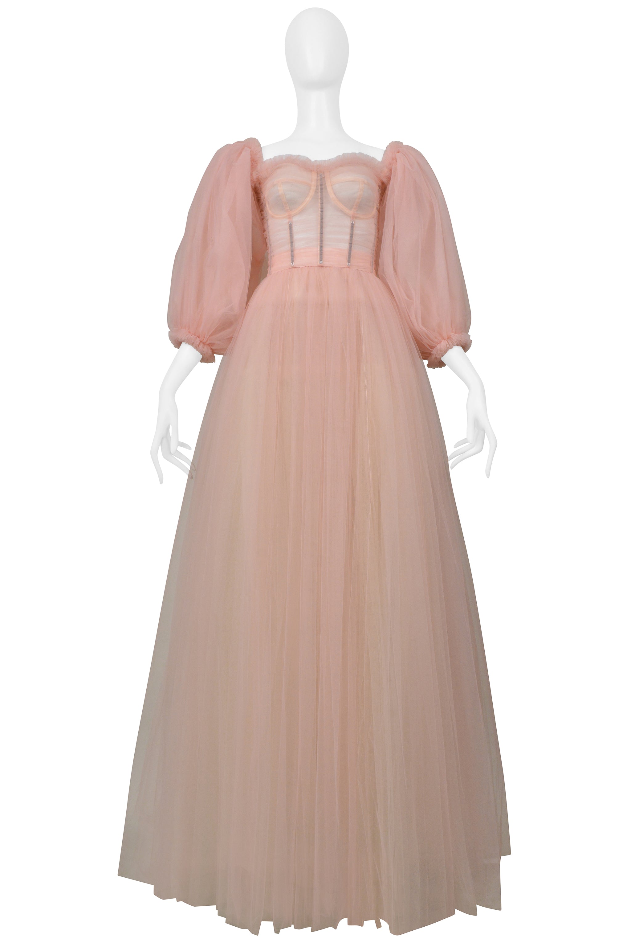 DOLCE & GABBANA BALLET PINK SHEER CORSETED TULLE GOWN WITH PUFF SLEEVES