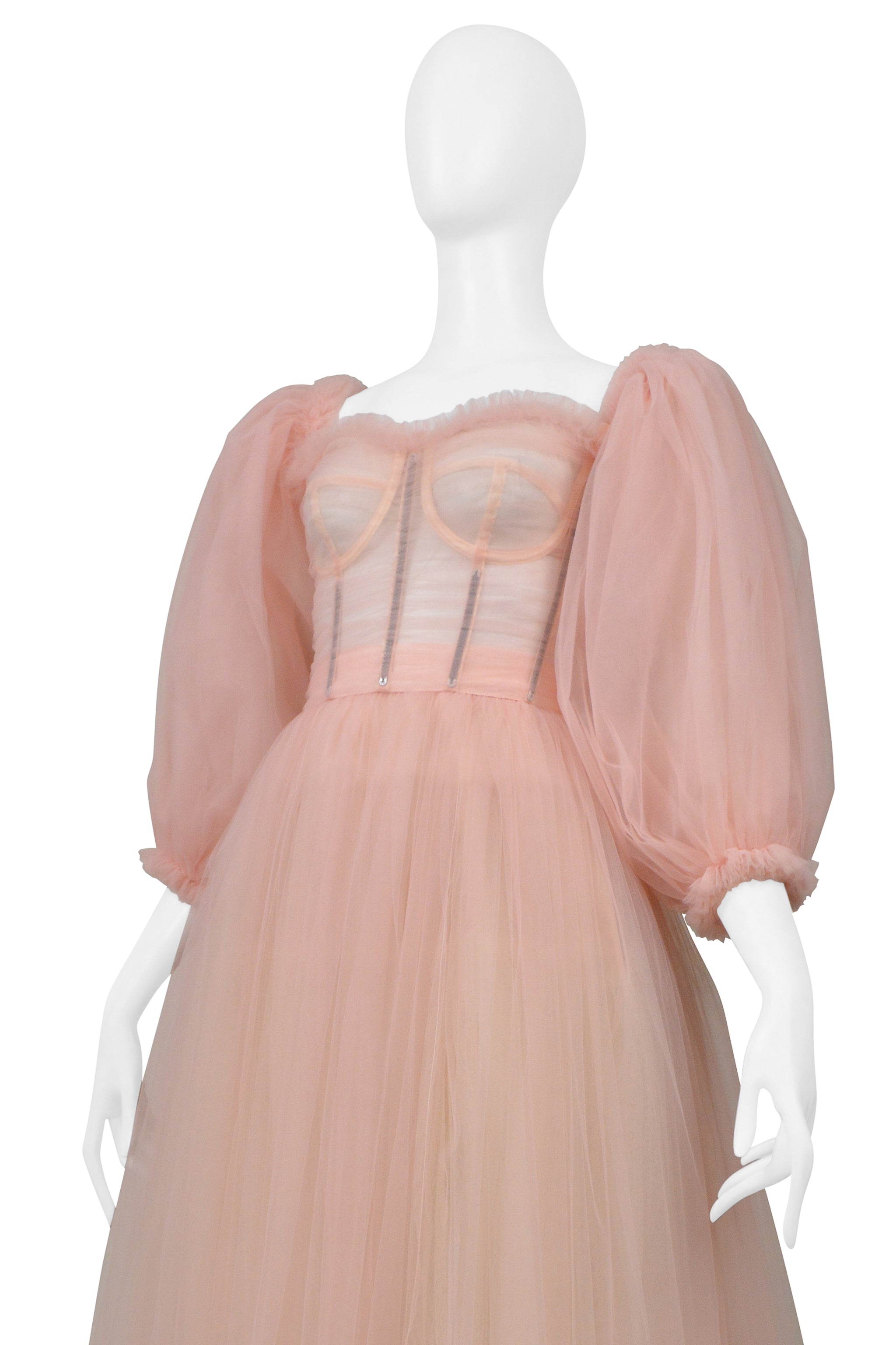 DOLCE & GABBANA BALLET PINK SHEER CORSETED TULLE GOWN WITH PUFF SLEEVES