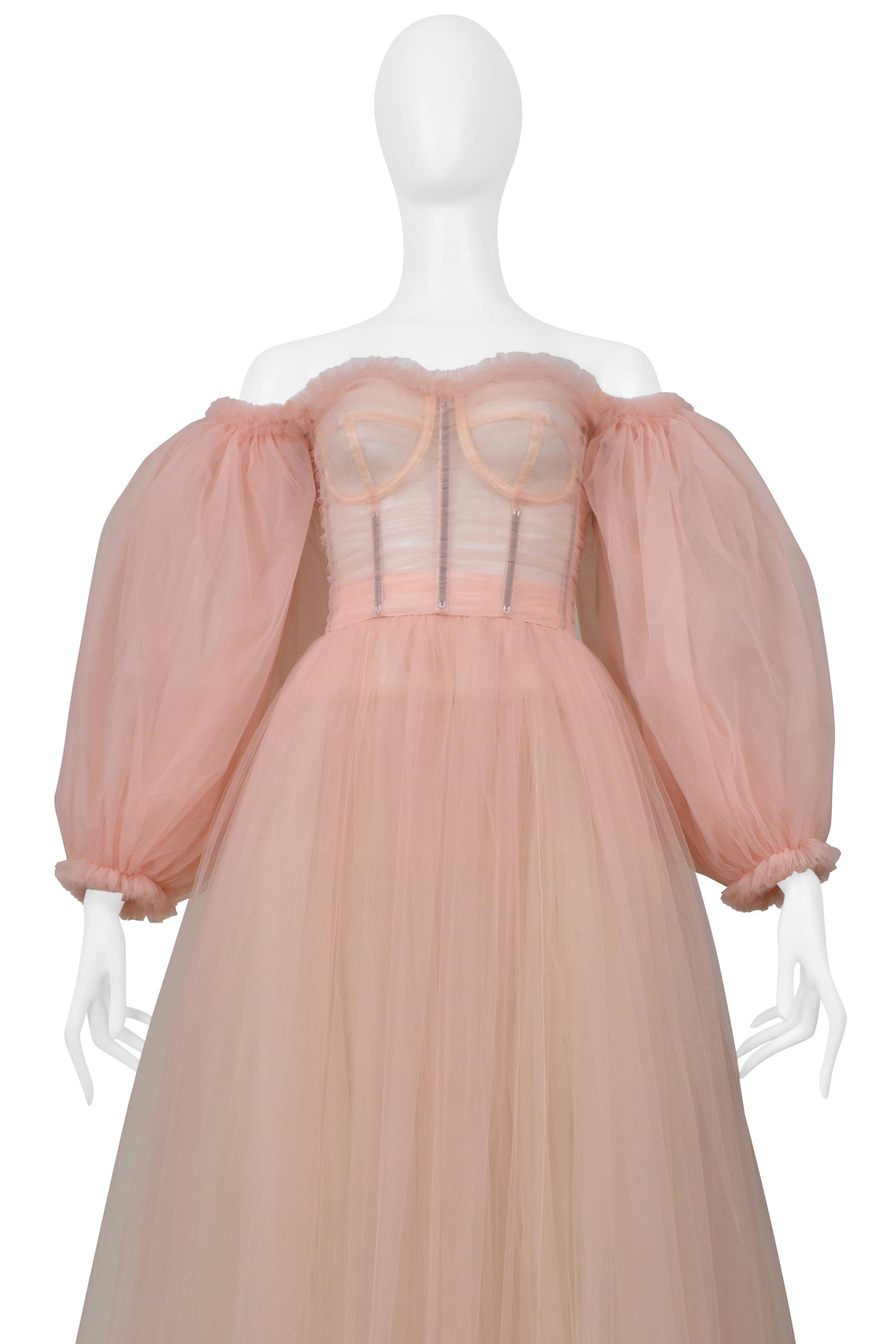DOLCE & GABBANA BALLET PINK SHEER CORSETED TULLE GOWN WITH PUFF SLEEVES