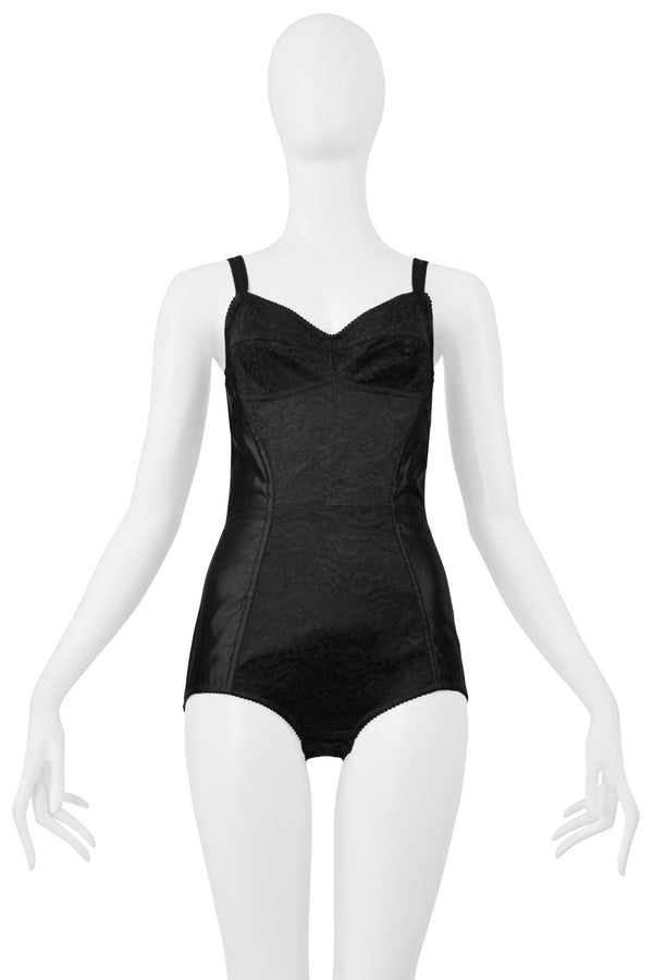 DOLCE & GABBANA BLACK SATIN BODYSUIT WITH LACE INSETS AND EXPOSED ZIPPER