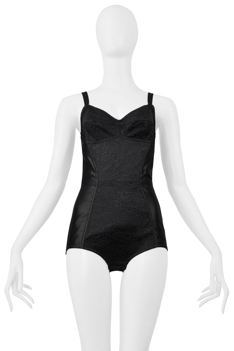 DOLCE & GABBANA BLACK SATIN BODYSUIT WITH LACE INSETS AND EXPOSED ZIPPER