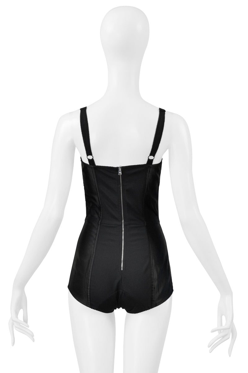 DOLCE & GABBANA BLACK SATIN BODYSUIT WITH LACE INSETS AND EXPOSED ZIPPER