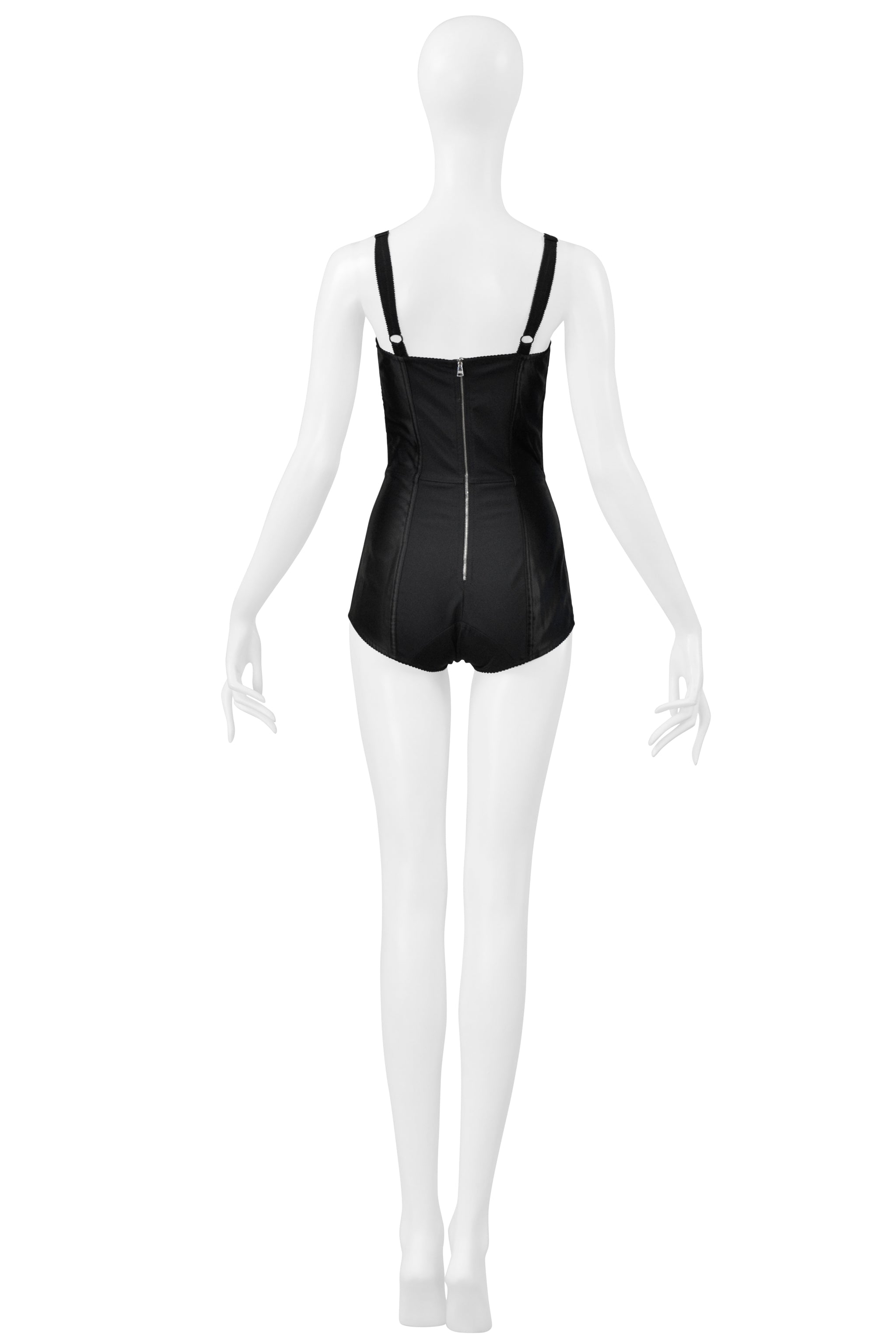 DOLCE & GABBANA BLACK SATIN BODYSUIT WITH LACE INSETS AND EXPOSED ZIPPER