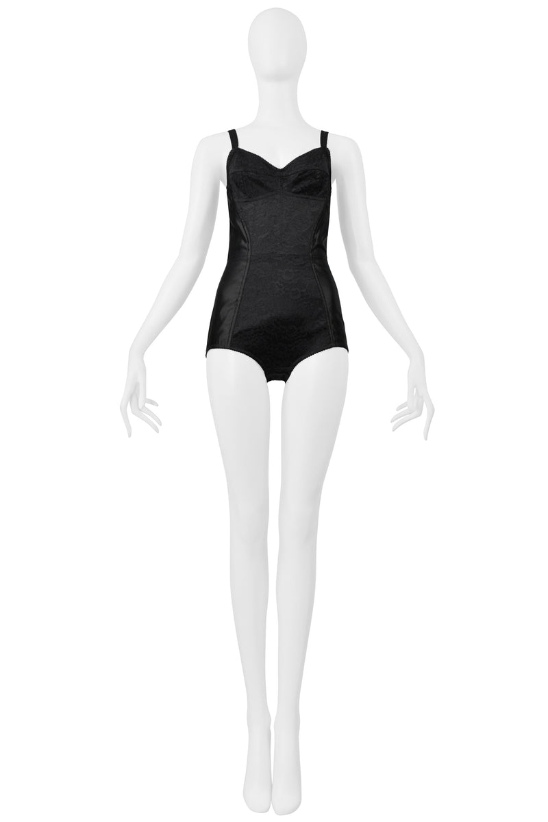 DOLCE & GABBANA BLACK SATIN BODYSUIT WITH LACE INSETS AND EXPOSED ZIPPER