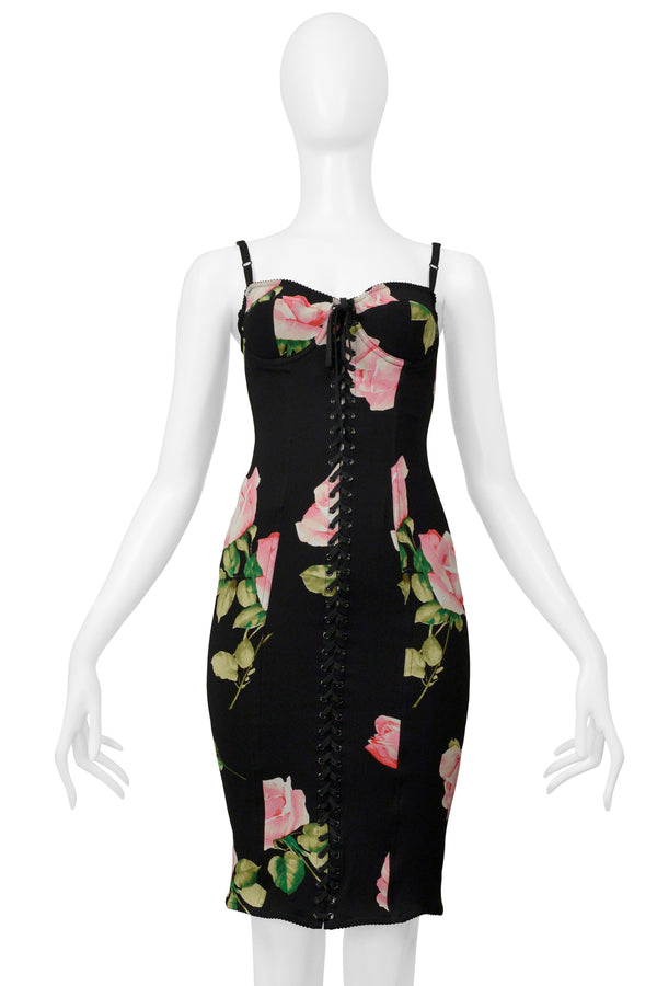 DOLCE & GABBANA BLACK CORSET DRESS WITH ROSE PRINT