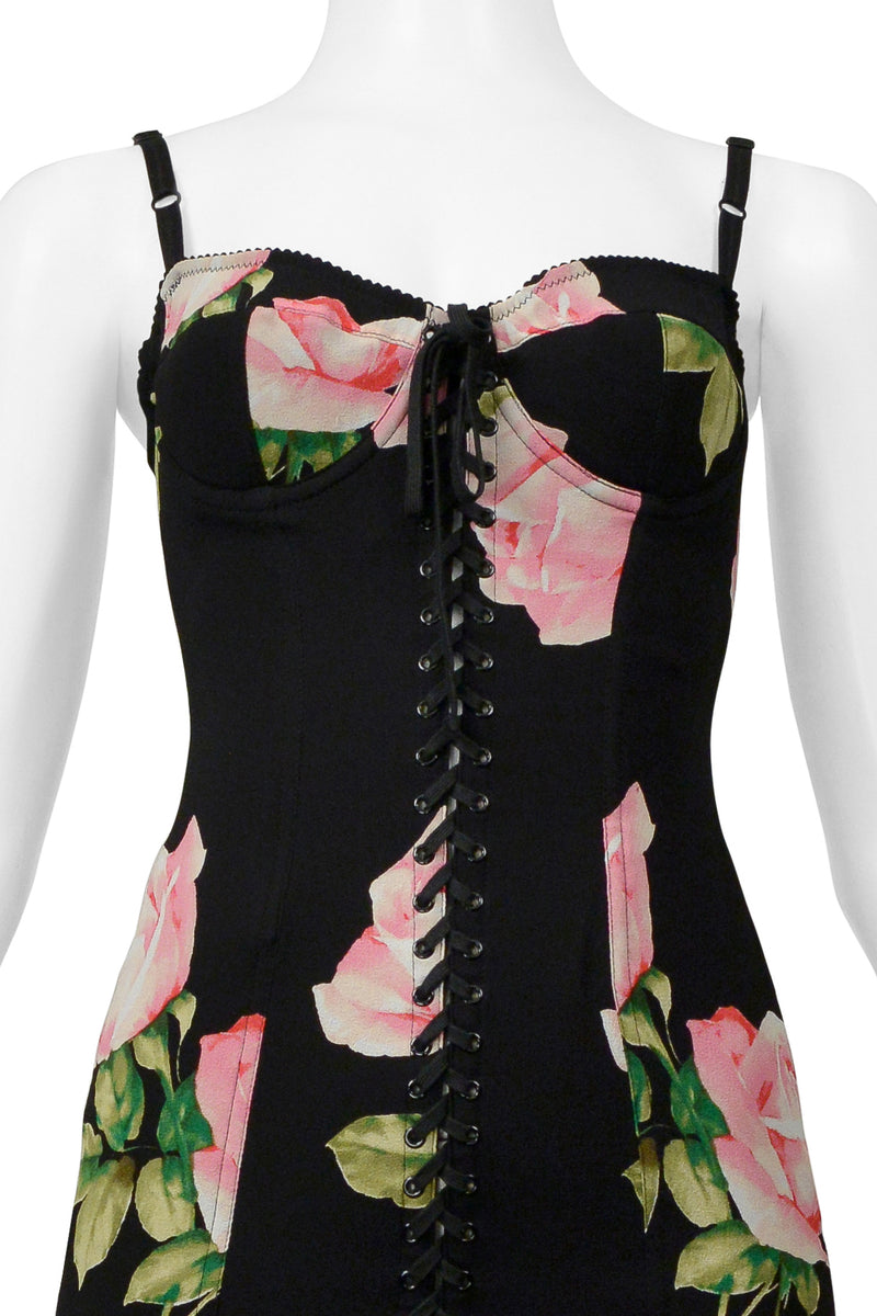 DOLCE & GABBANA BLACK CORSET DRESS WITH ROSE PRINT