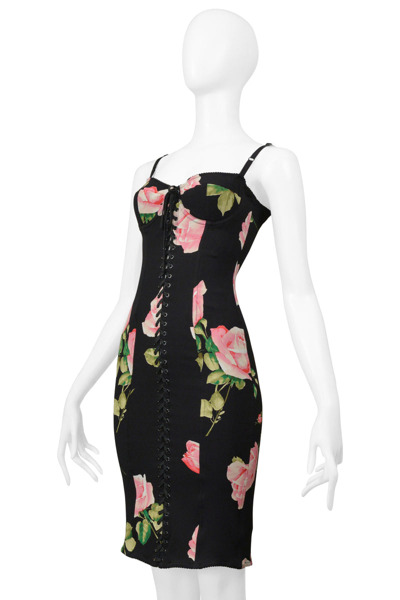 DOLCE & GABBANA BLACK CORSET DRESS WITH ROSE PRINT