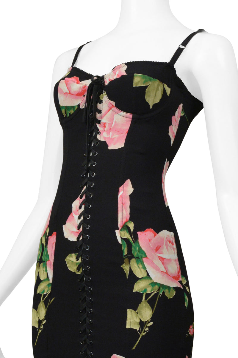 DOLCE & GABBANA BLACK CORSET DRESS WITH ROSE PRINT