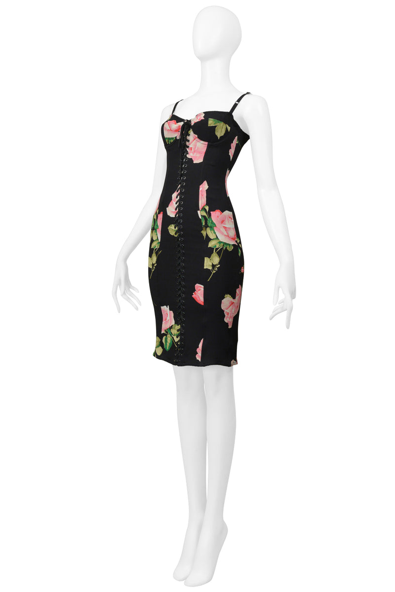 DOLCE & GABBANA BLACK CORSET DRESS WITH ROSE PRINT