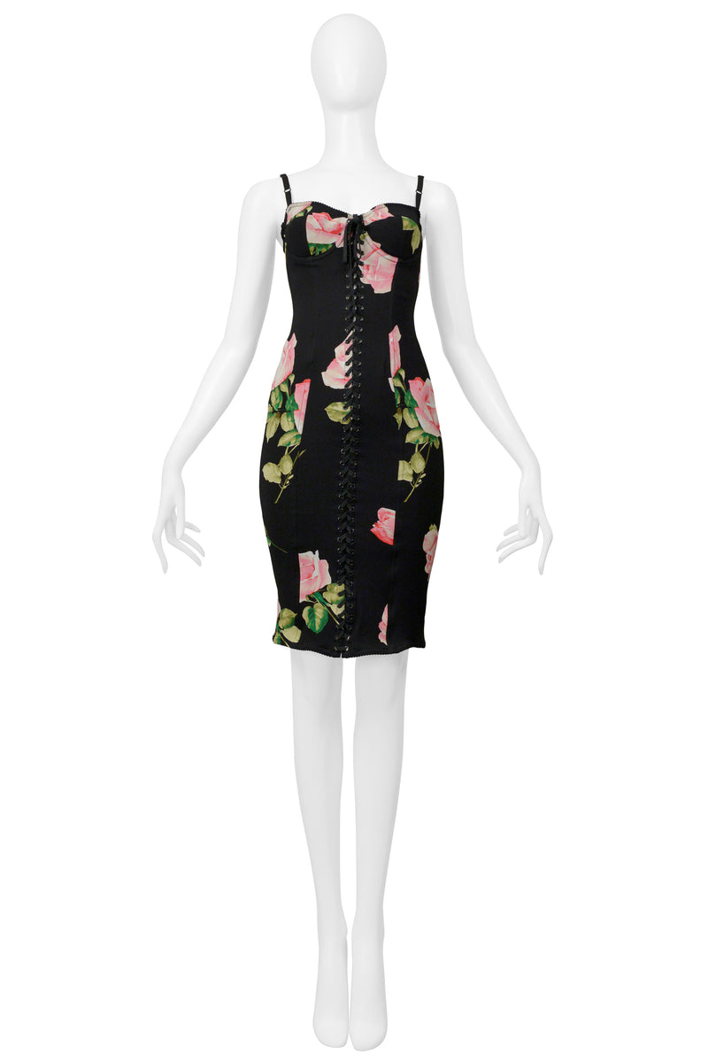 DOLCE & GABBANA BLACK CORSET DRESS WITH ROSE PRINT