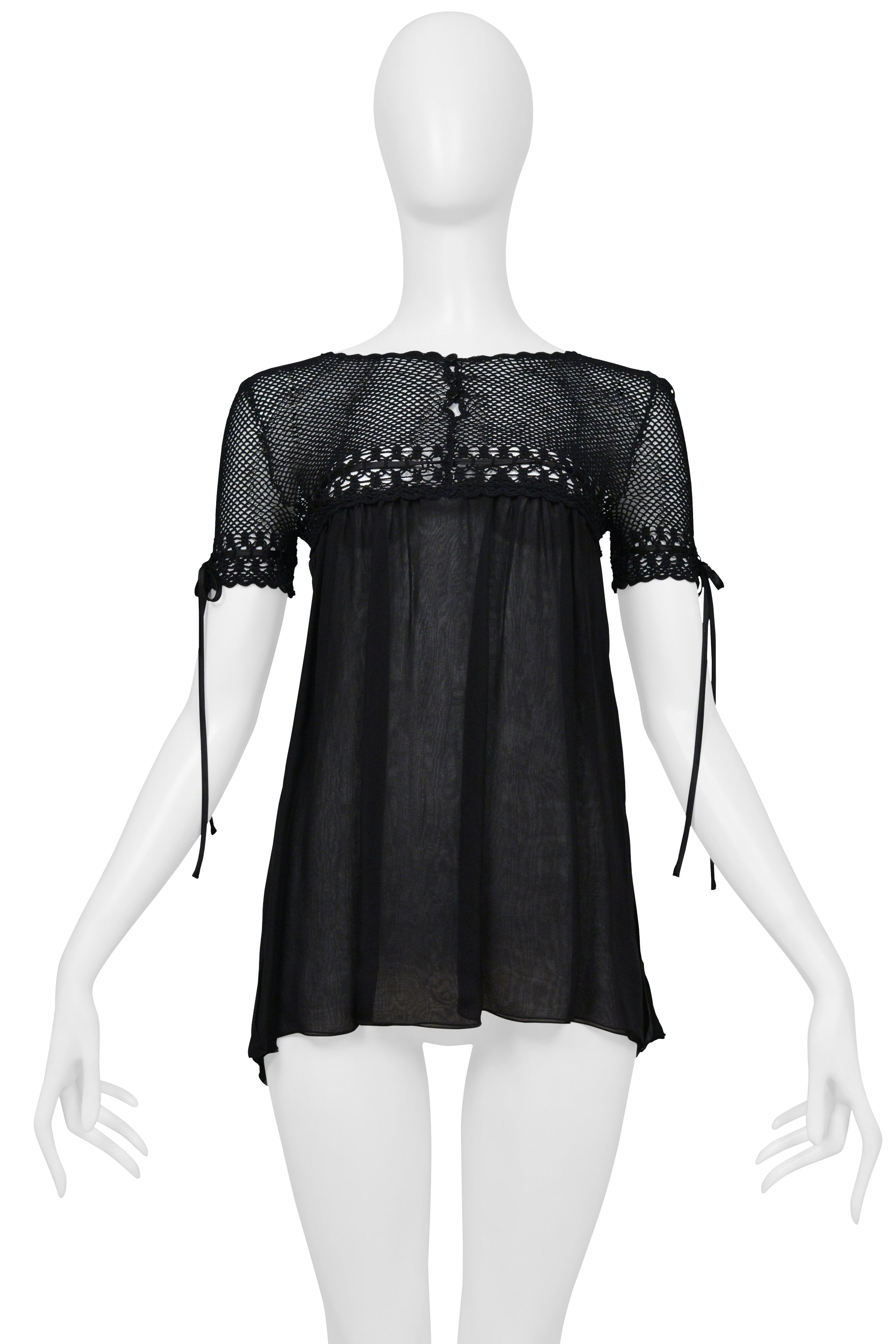 DOLCE & GABBANA BLACK CROCHET YOKE TOP WITH SILK BODY & RIBBONS