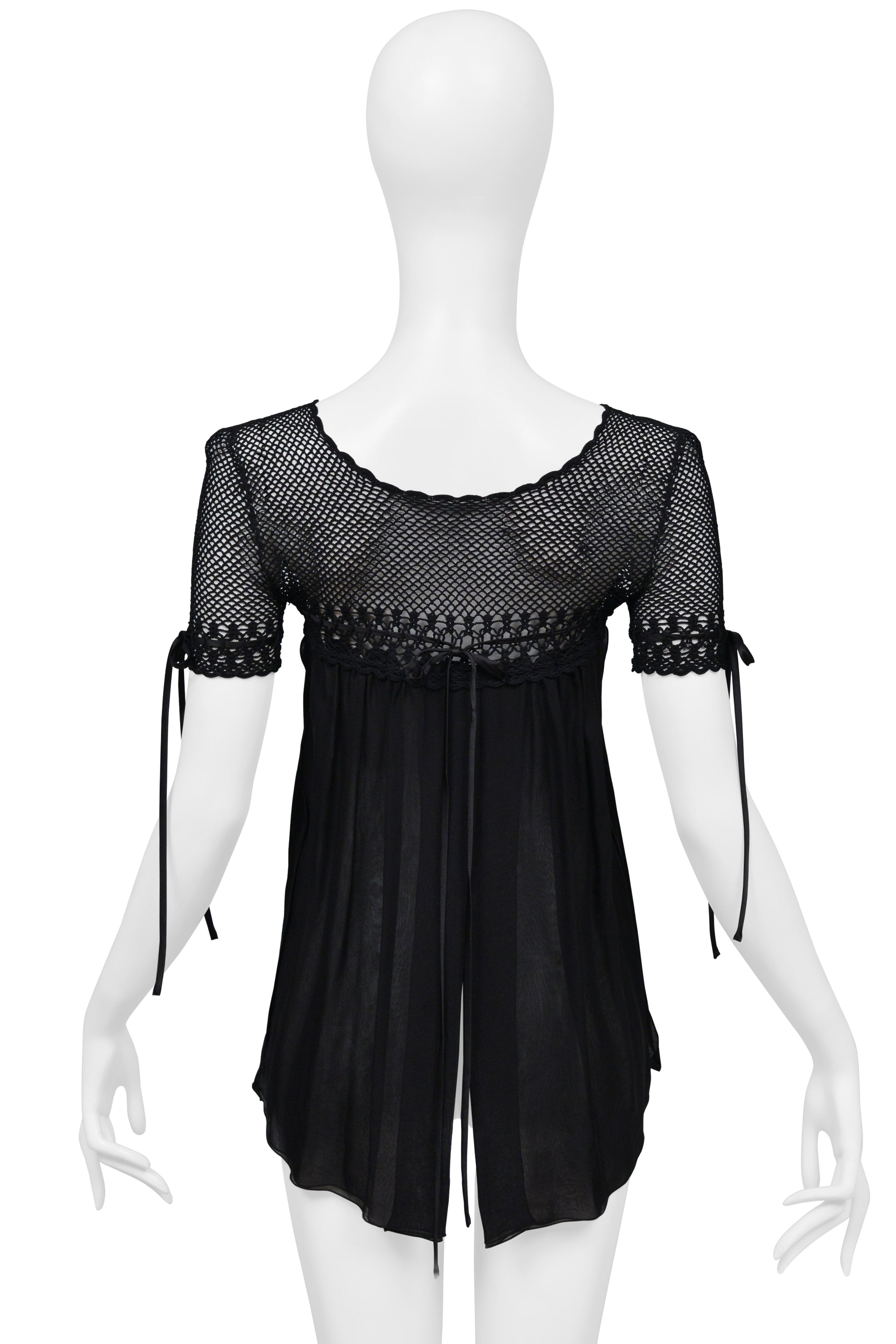 DOLCE & GABBANA BLACK CROCHET YOKE TOP WITH SILK BODY & RIBBONS