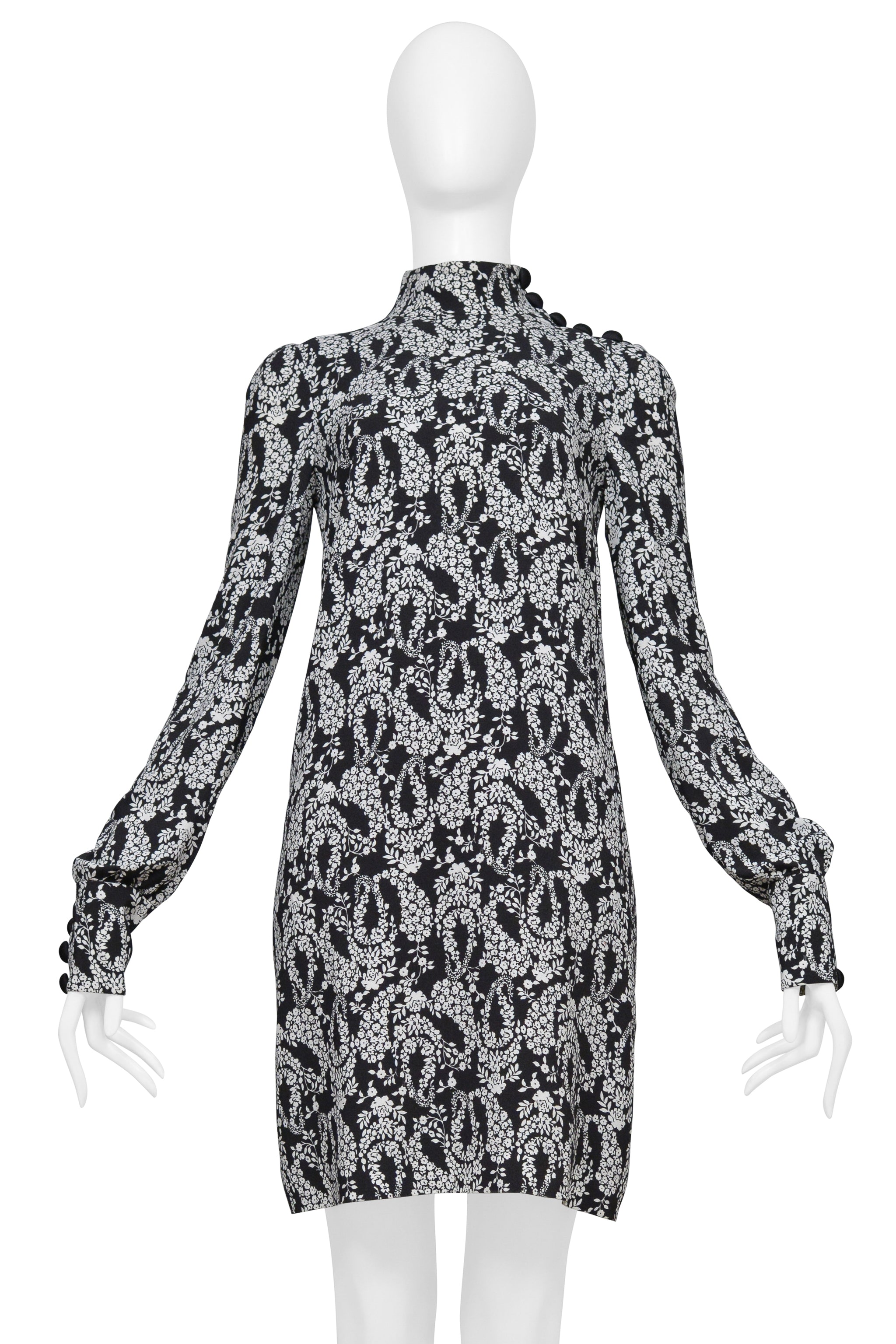 DOLCE & GABBANA BLACK DRESS WITH HIGH NECK AND WHITE FLORAL PRINT