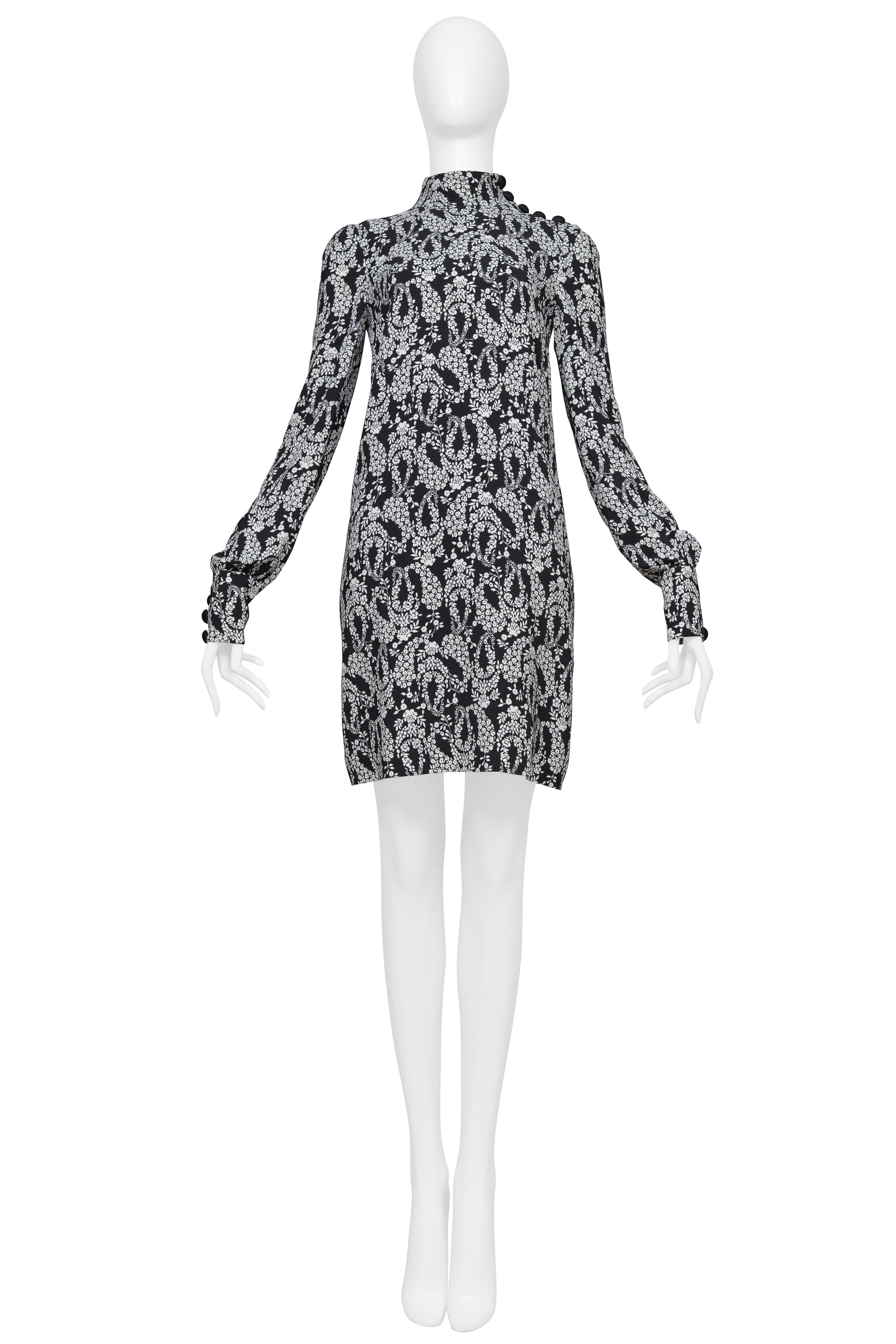 DOLCE & GABBANA BLACK DRESS WITH HIGH NECK AND WHITE FLORAL PRINT