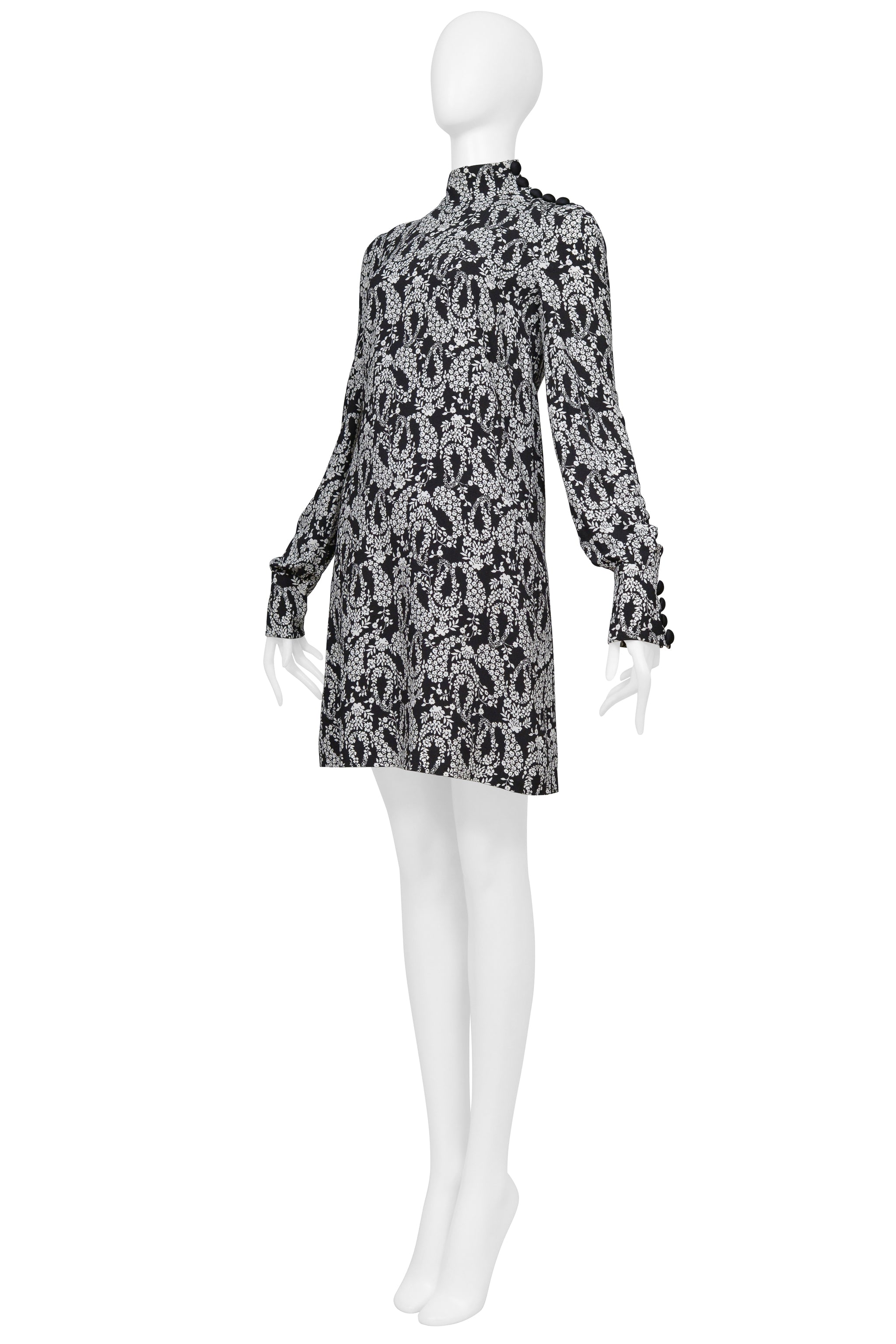 DOLCE & GABBANA BLACK DRESS WITH HIGH NECK AND WHITE FLORAL PRINT