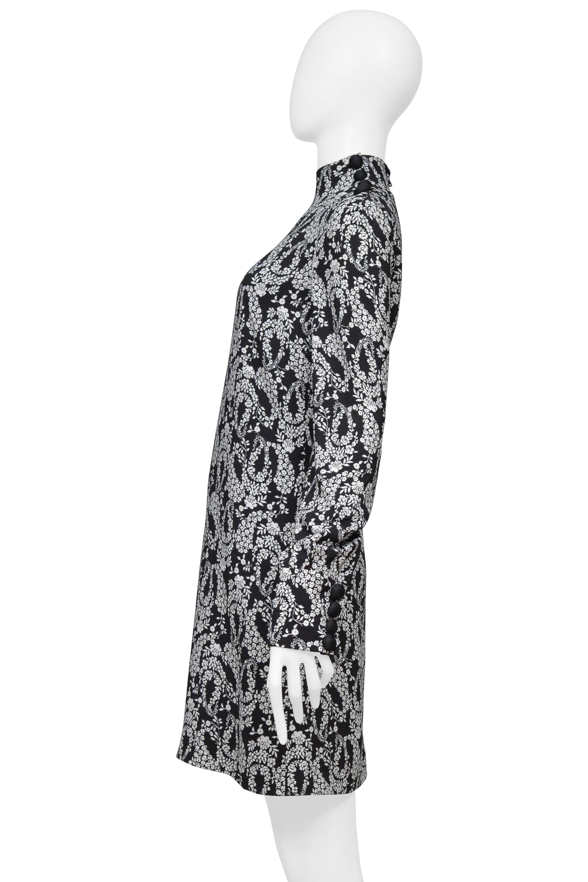 DOLCE & GABBANA BLACK DRESS WITH HIGH NECK AND WHITE FLORAL PRINT