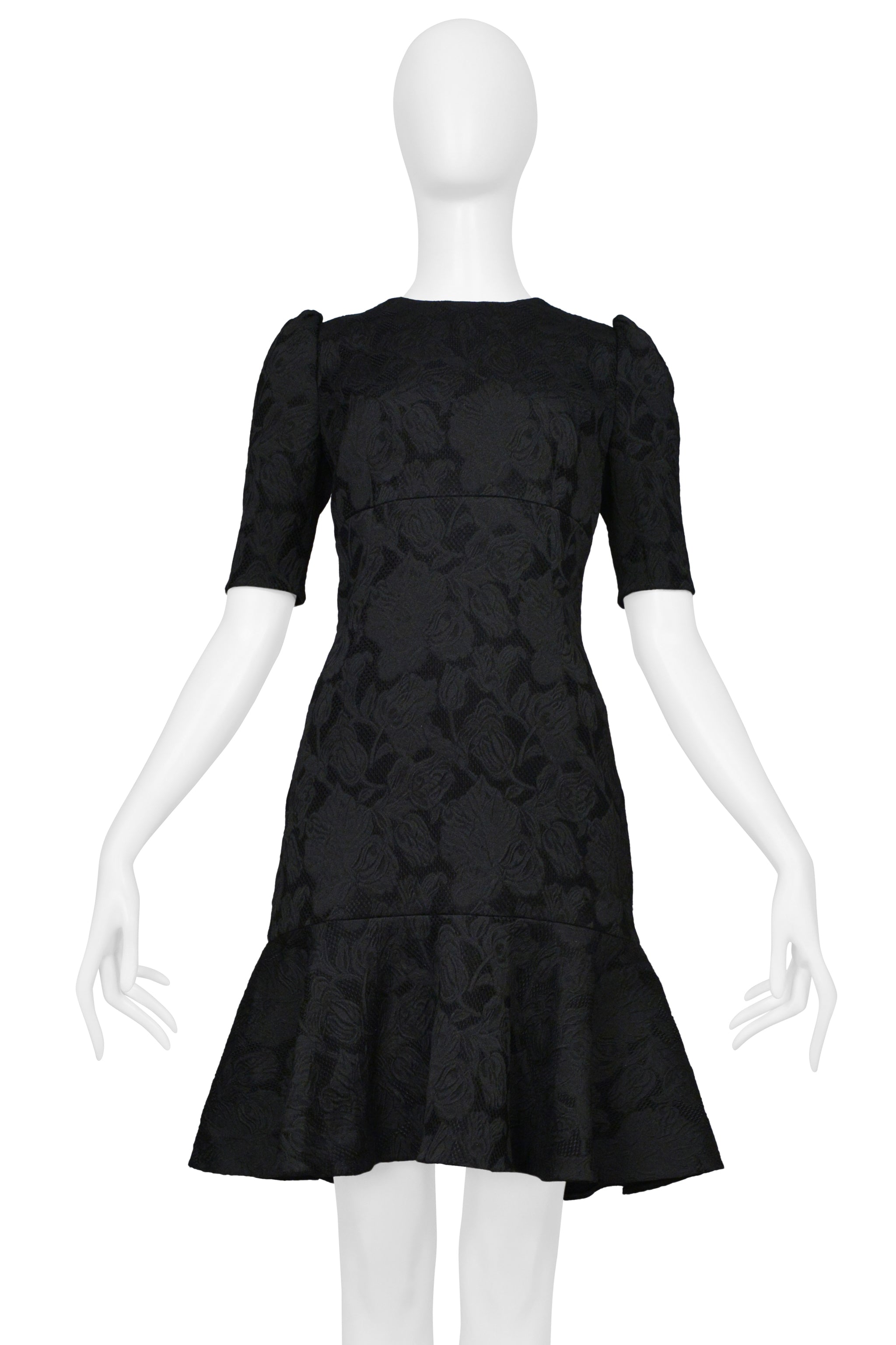 DOLCE & GABBANA BLACK FLORAL JACQUARD COCKTAIL DRESS WITH FLOUNCE