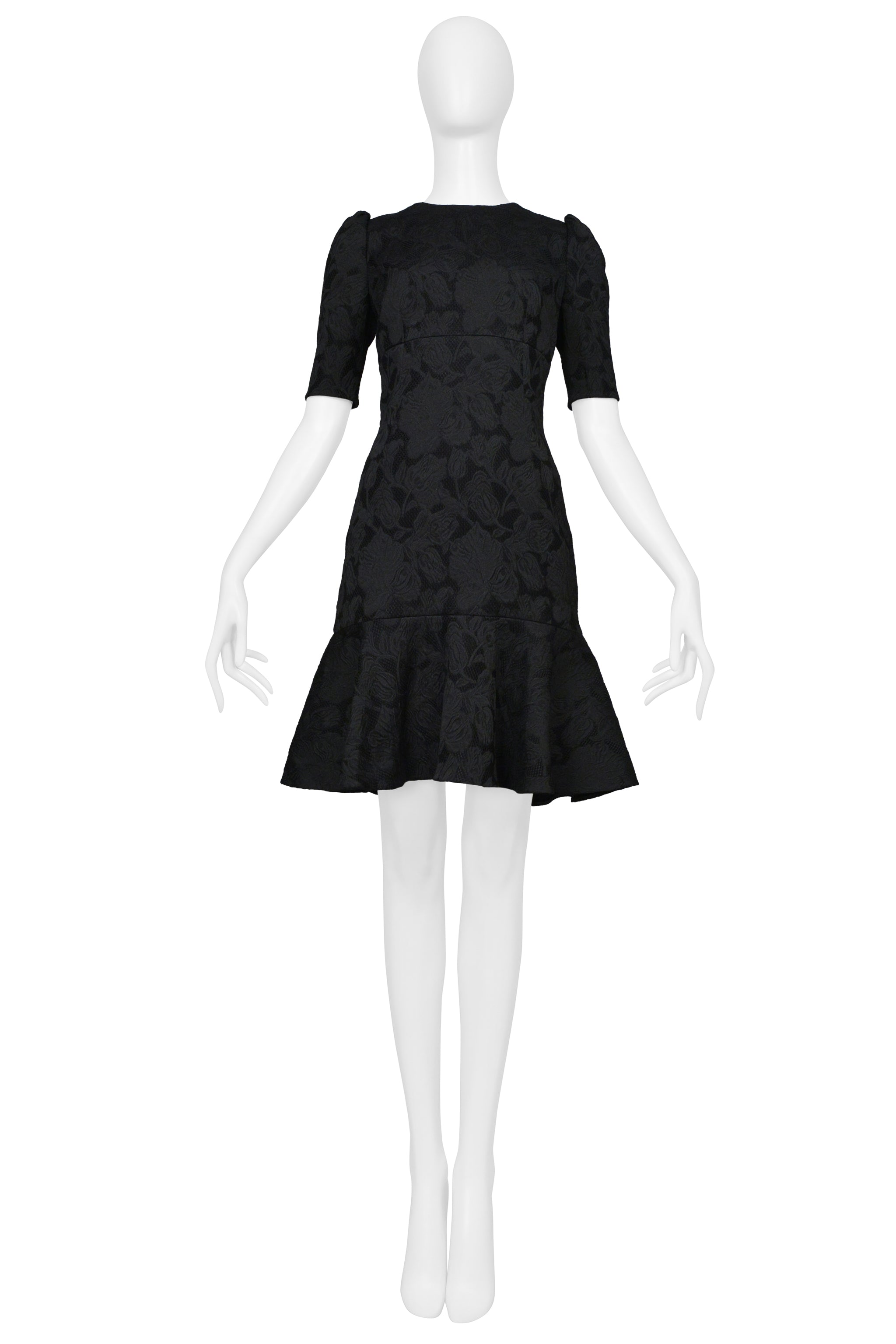 DOLCE & GABBANA BLACK FLORAL JACQUARD COCKTAIL DRESS WITH FLOUNCE