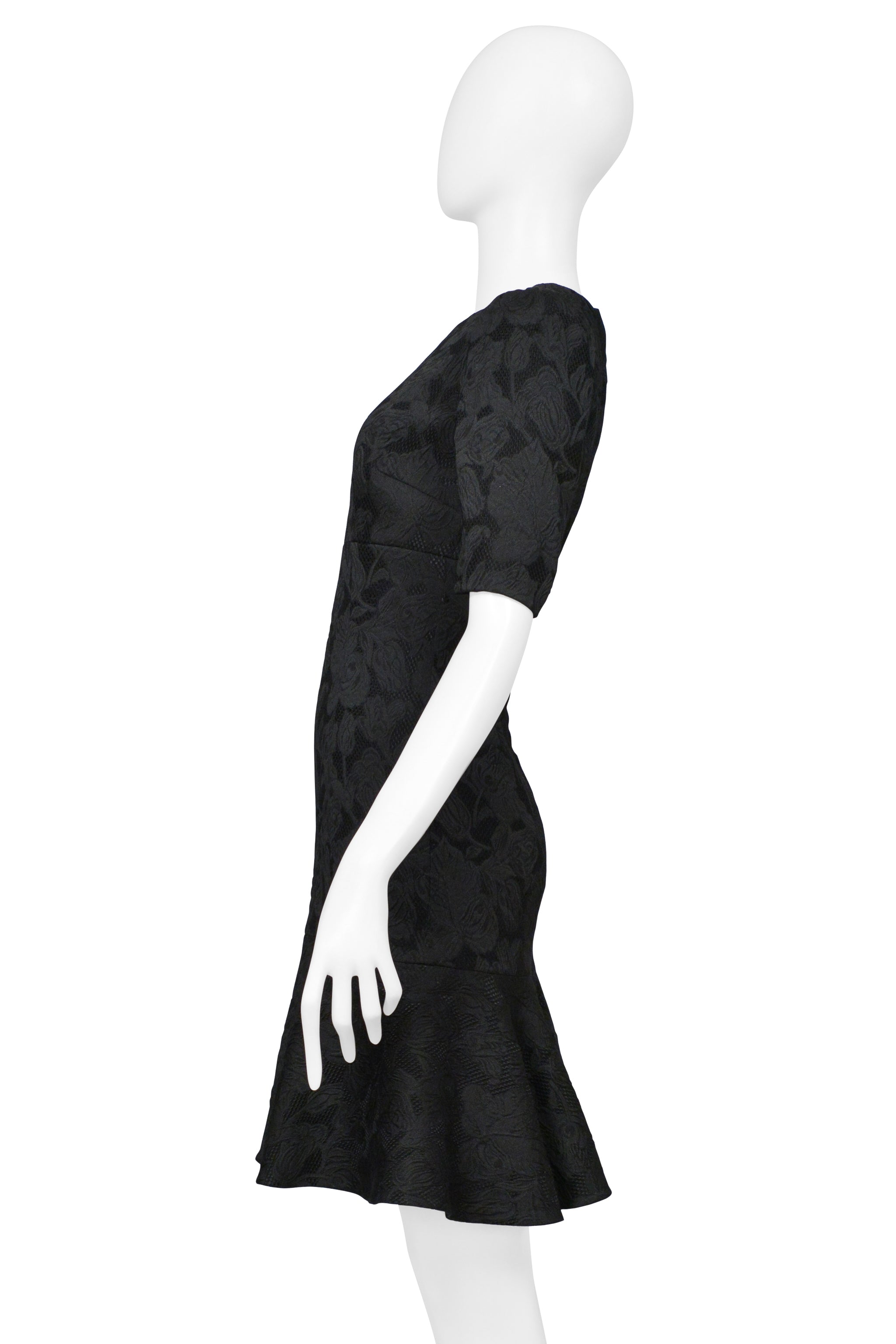 DOLCE & GABBANA BLACK FLORAL JACQUARD COCKTAIL DRESS WITH FLOUNCE