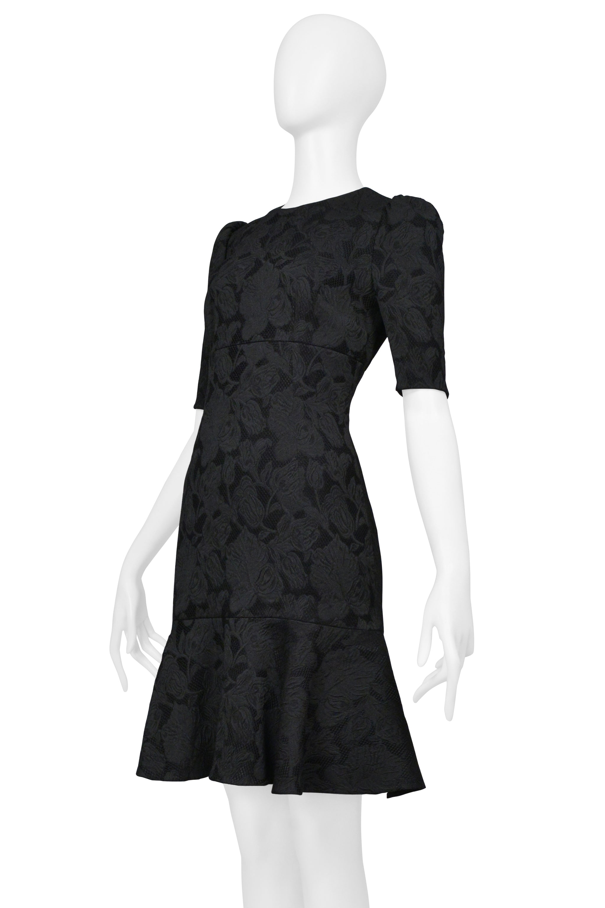 DOLCE & GABBANA BLACK FLORAL JACQUARD COCKTAIL DRESS WITH FLOUNCE