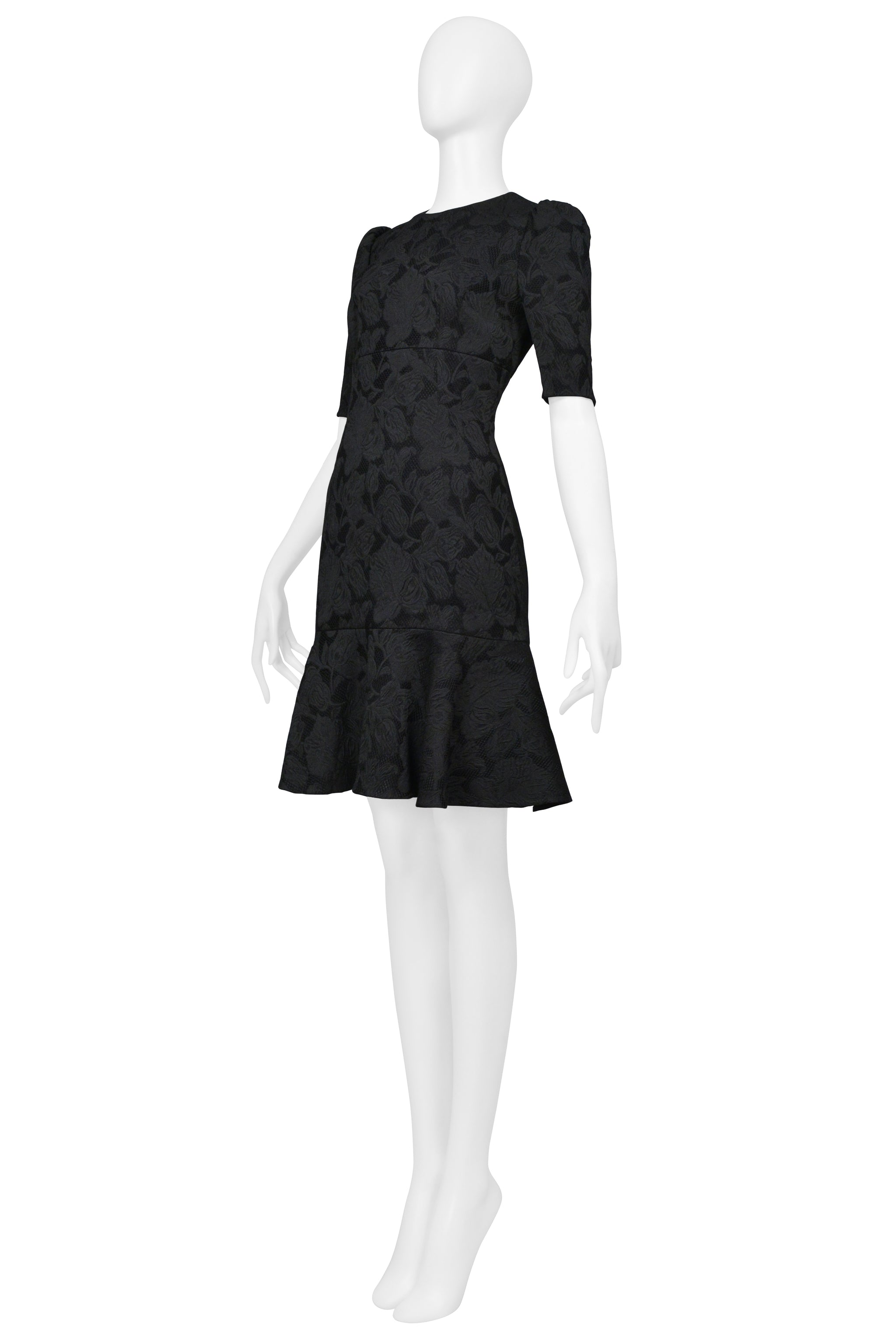 DOLCE & GABBANA BLACK FLORAL JACQUARD COCKTAIL DRESS WITH FLOUNCE