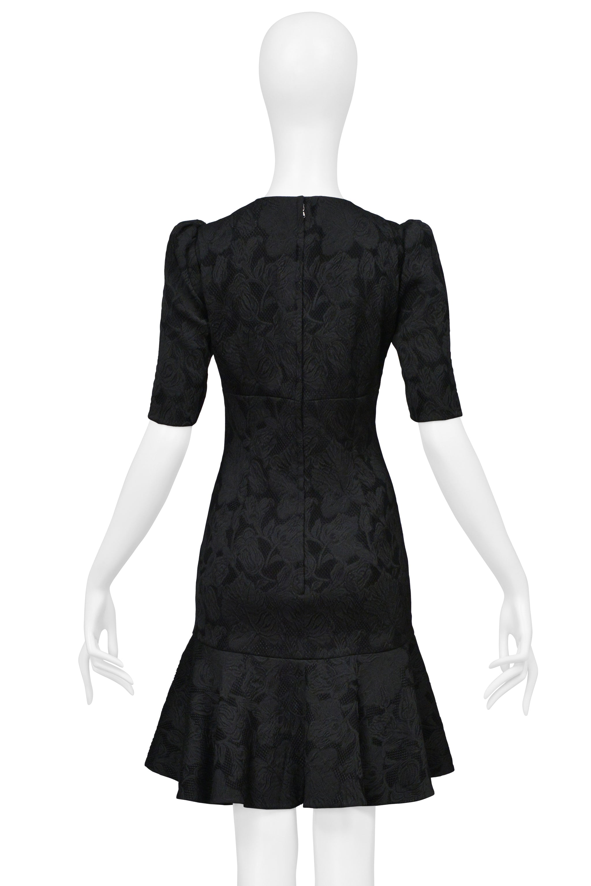 DOLCE & GABBANA BLACK FLORAL JACQUARD COCKTAIL DRESS WITH FLOUNCE