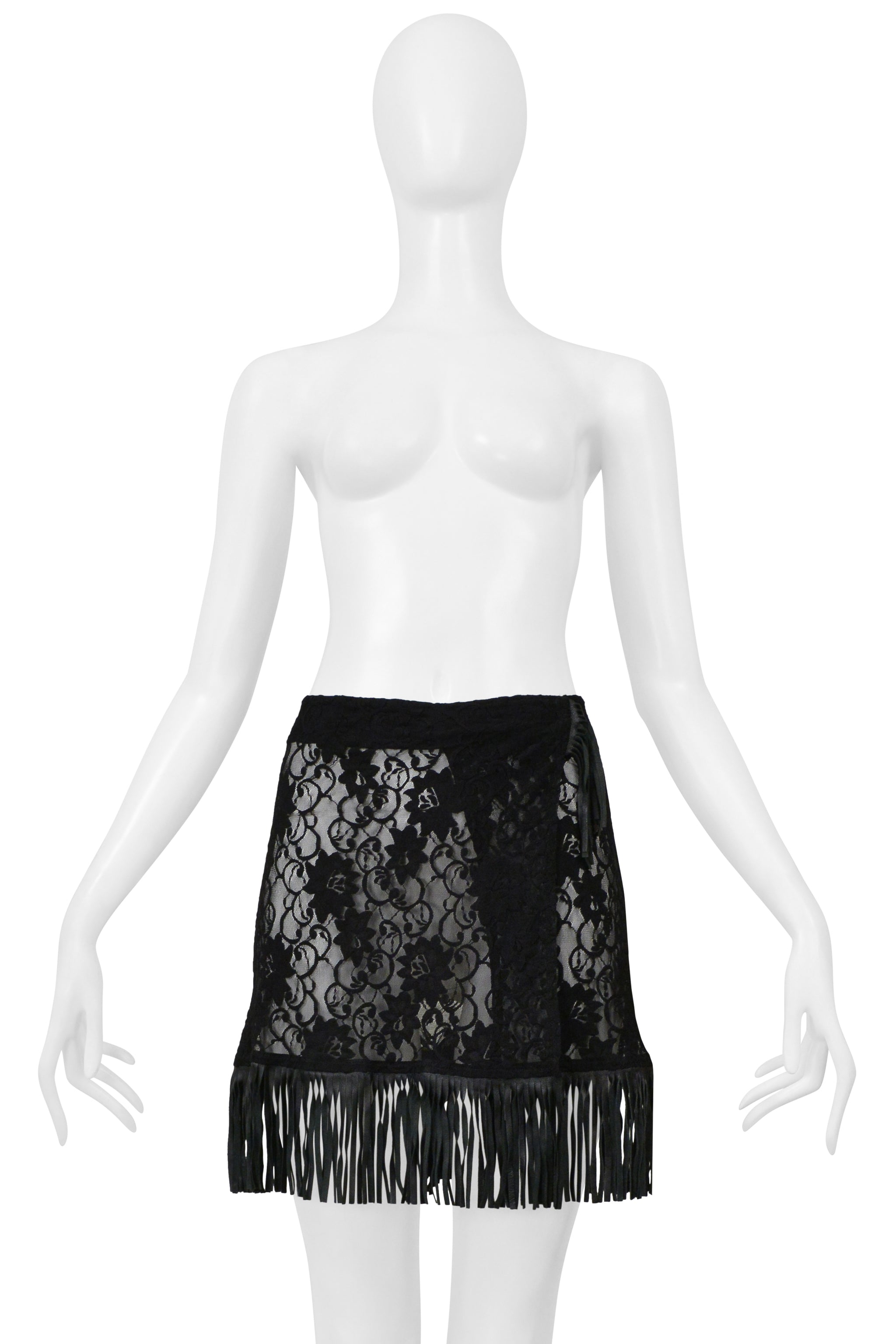 DOLCE & GABBANA D&G BLACK LACE SKIRT WITH LEATHER FRINGE