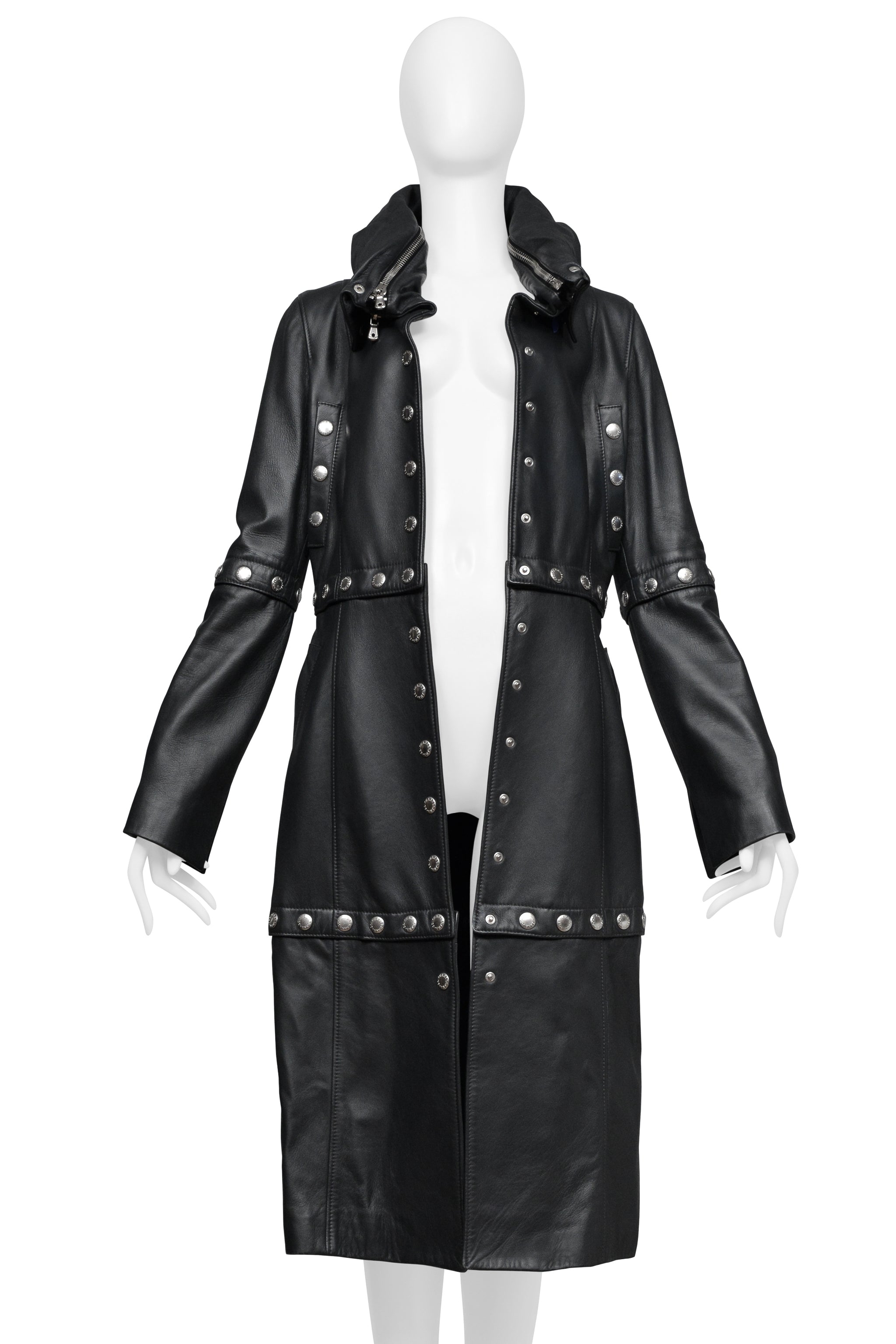 DOLCE & GABBANA BLACK LEATHER COAT WITH HIGH NECK AND SNAPS 2003