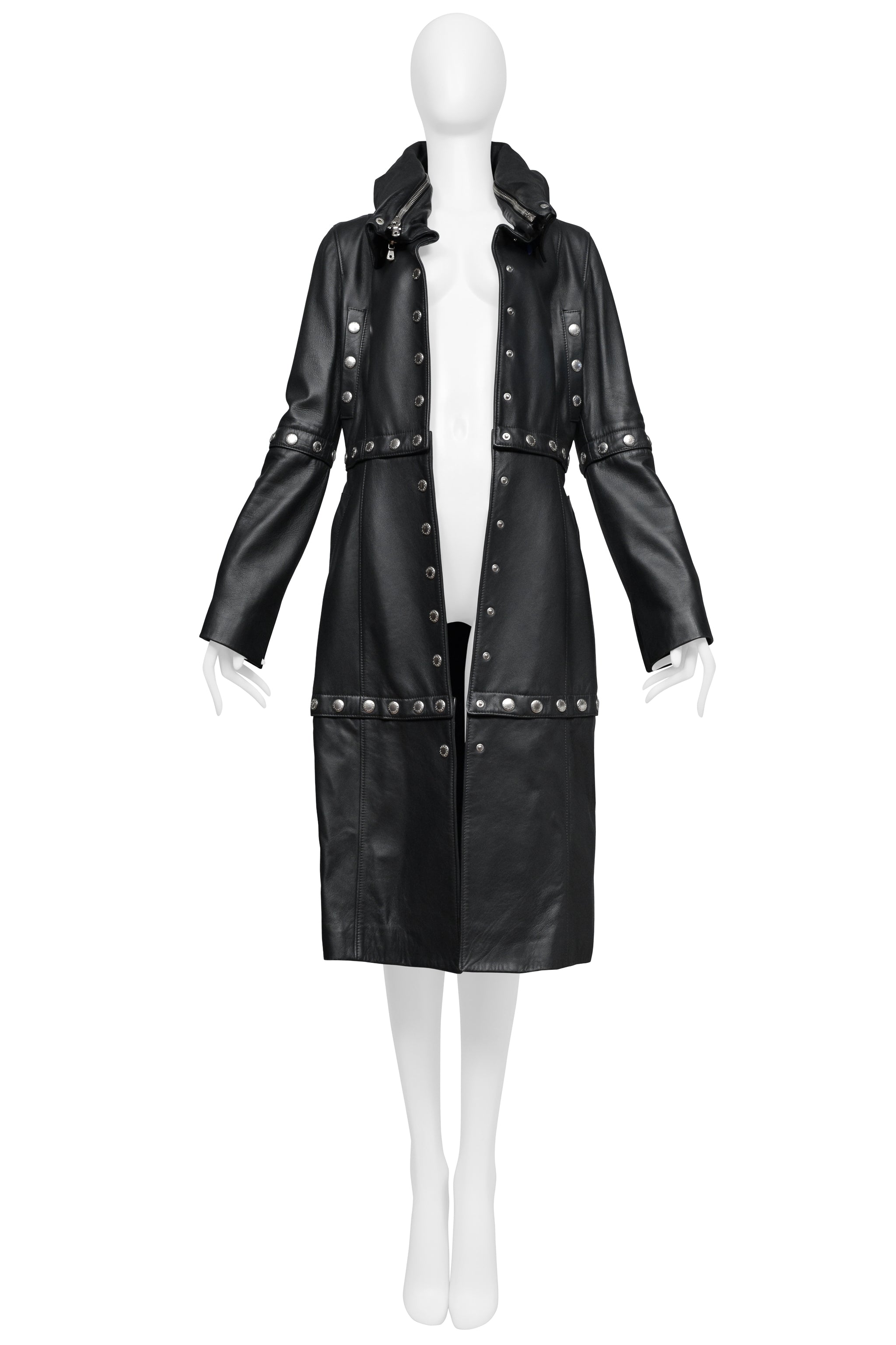 DOLCE & GABBANA BLACK LEATHER COAT WITH HIGH NECK AND SNAPS 2003