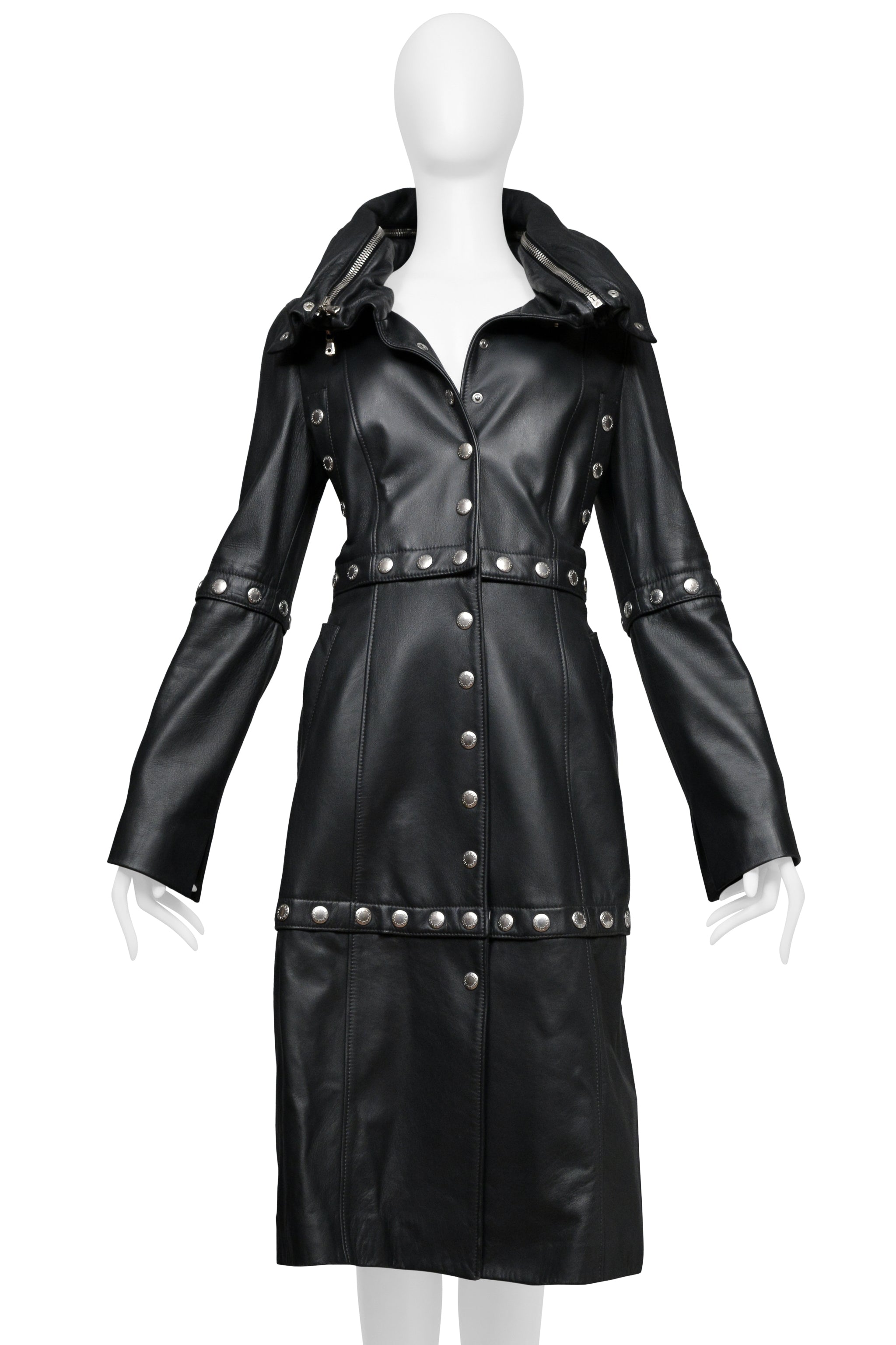 DOLCE & GABBANA BLACK LEATHER COAT WITH HIGH NECK AND SNAPS 2003