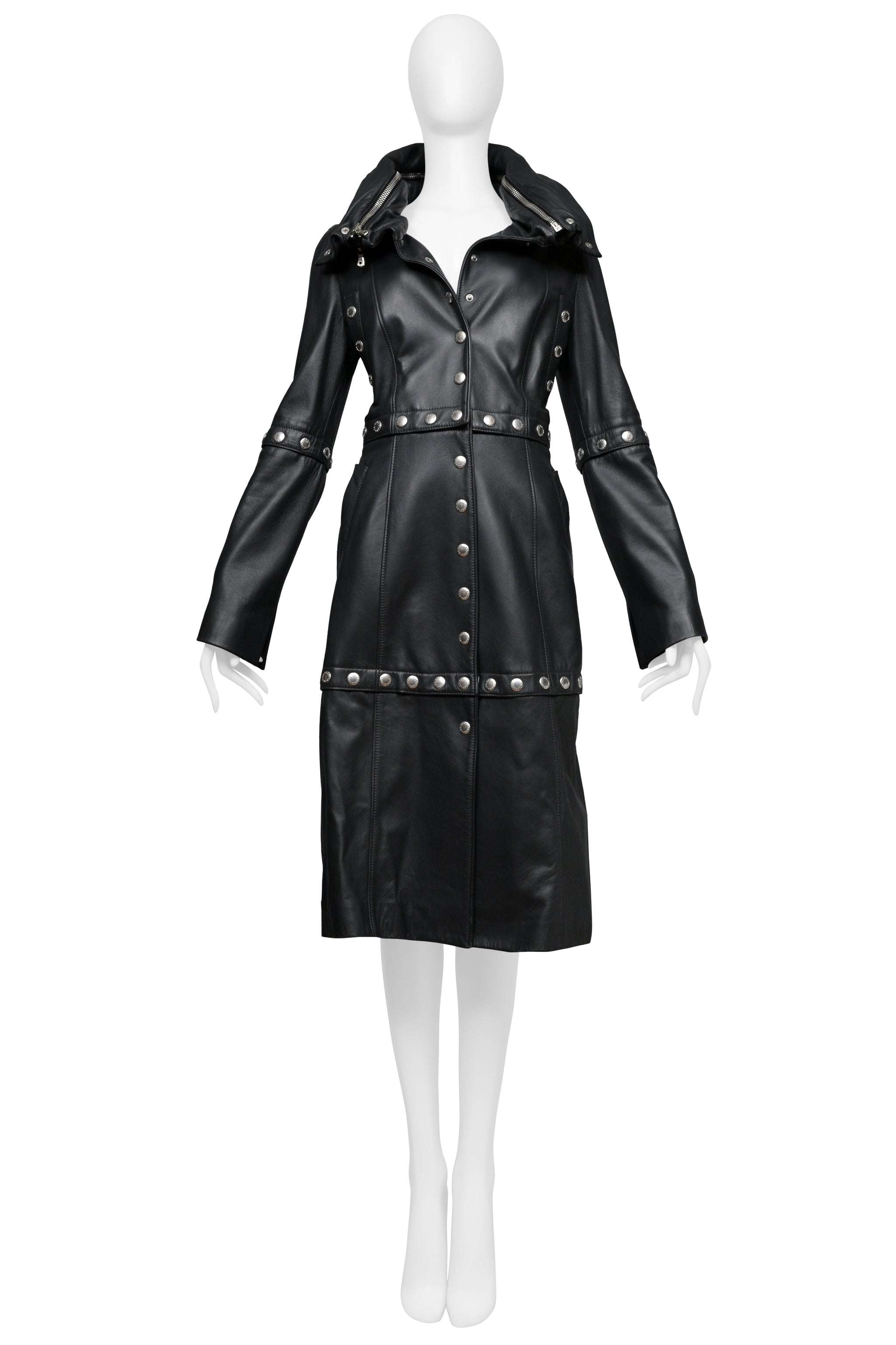 DOLCE & GABBANA BLACK LEATHER COAT WITH HIGH NECK AND SNAPS 2003