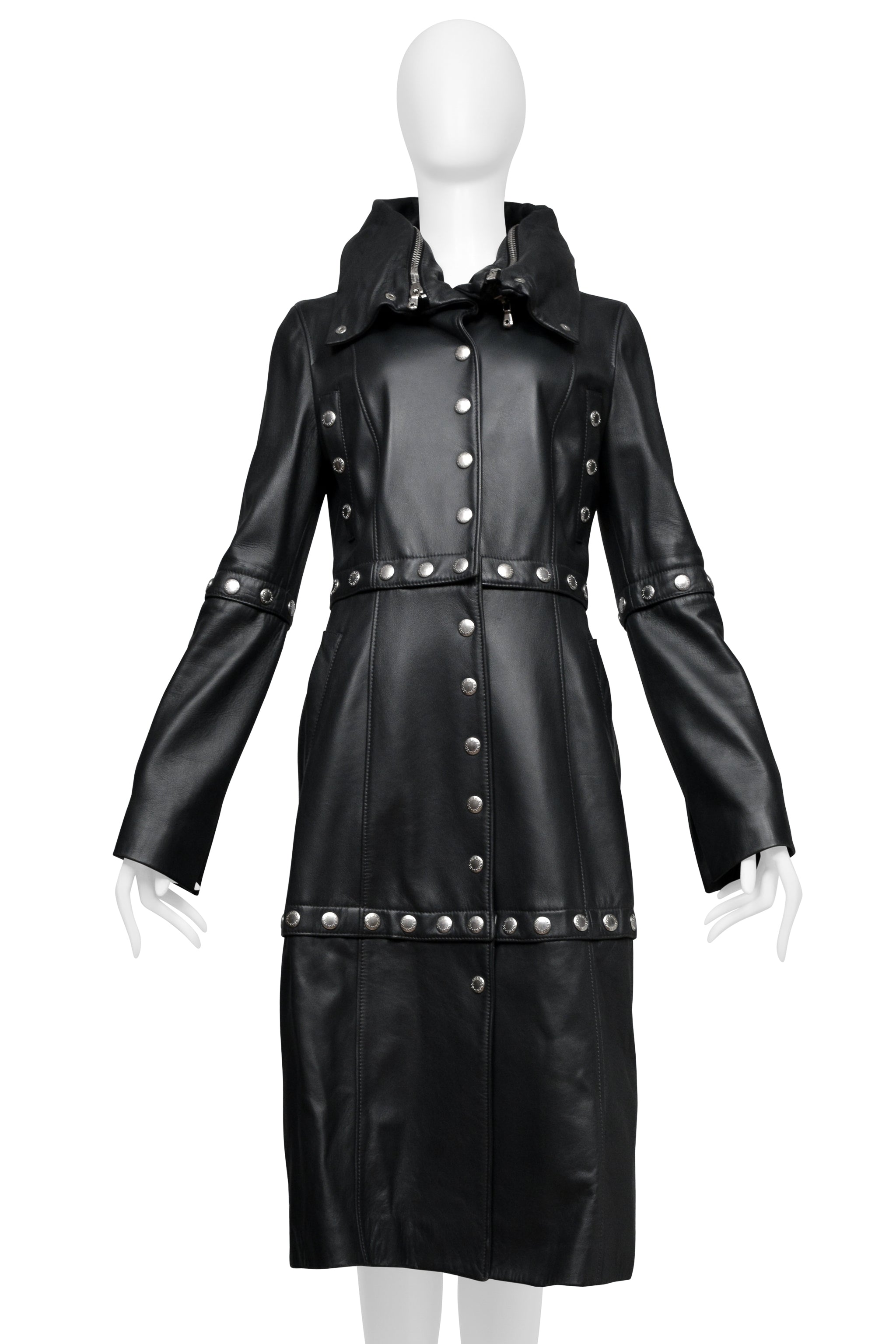DOLCE & GABBANA BLACK LEATHER COAT WITH HIGH NECK AND SNAPS 2003