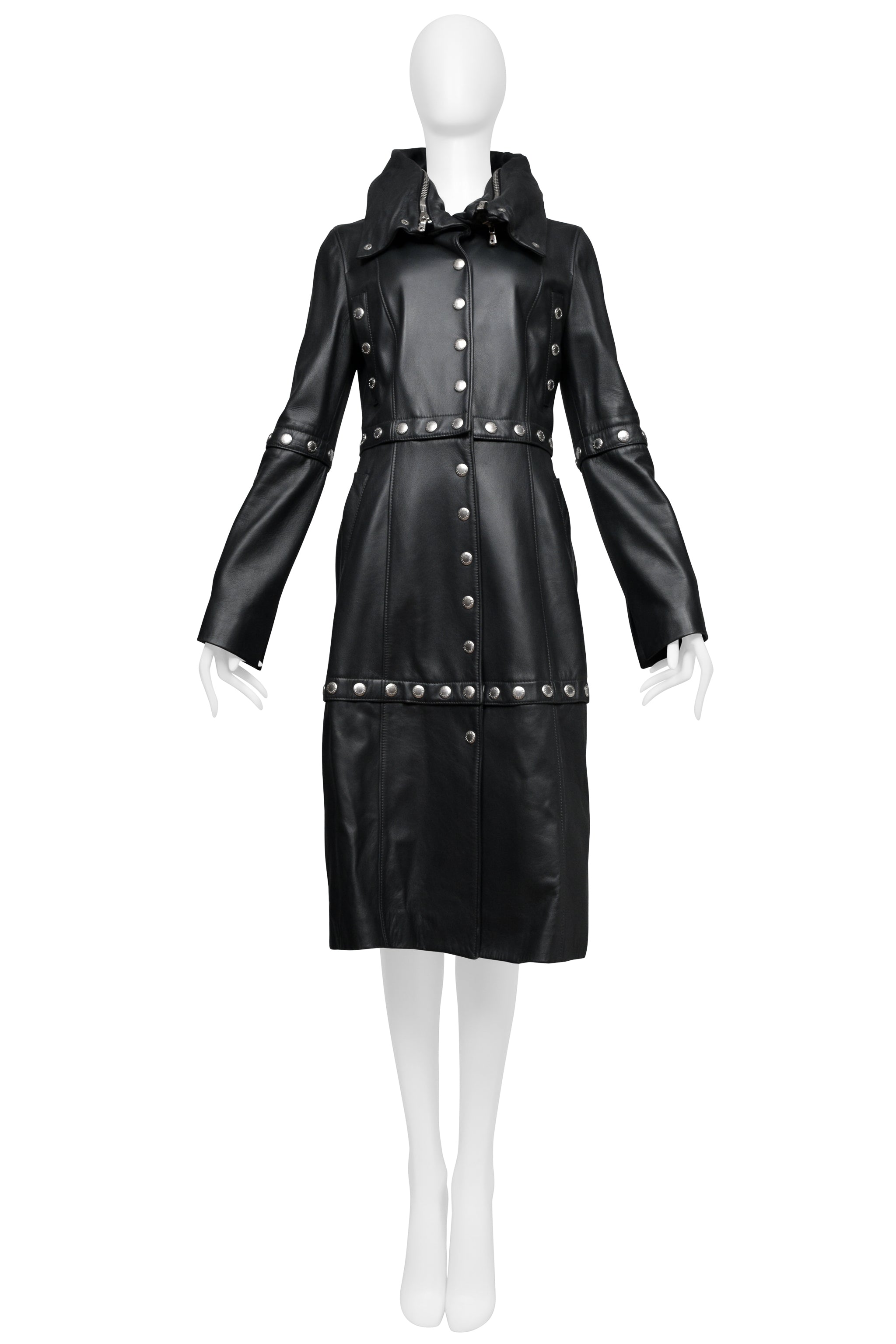 DOLCE & GABBANA BLACK LEATHER COAT WITH HIGH NECK AND SNAPS 2003