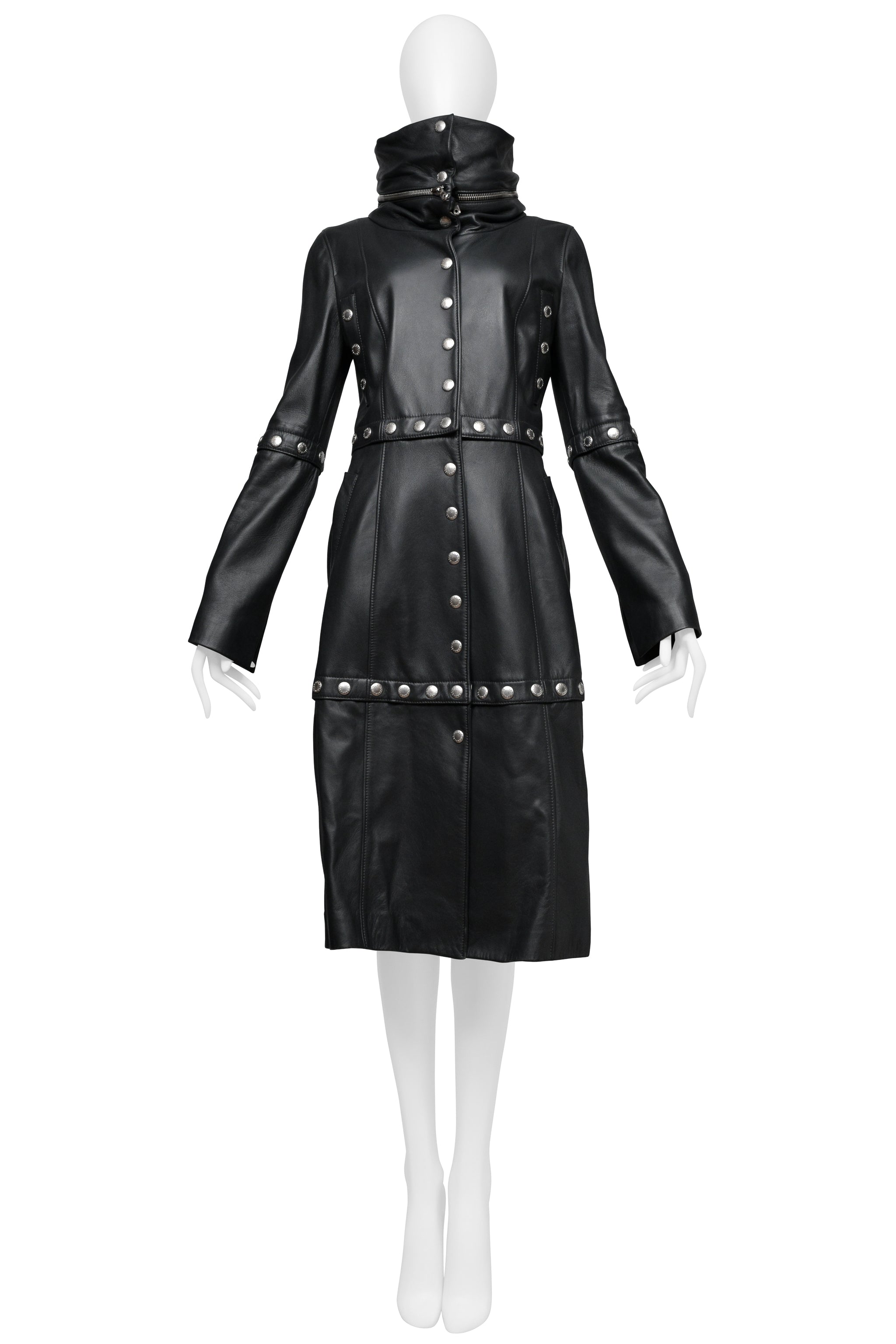 DOLCE & GABBANA BLACK LEATHER COAT WITH HIGH NECK AND SNAPS 2003