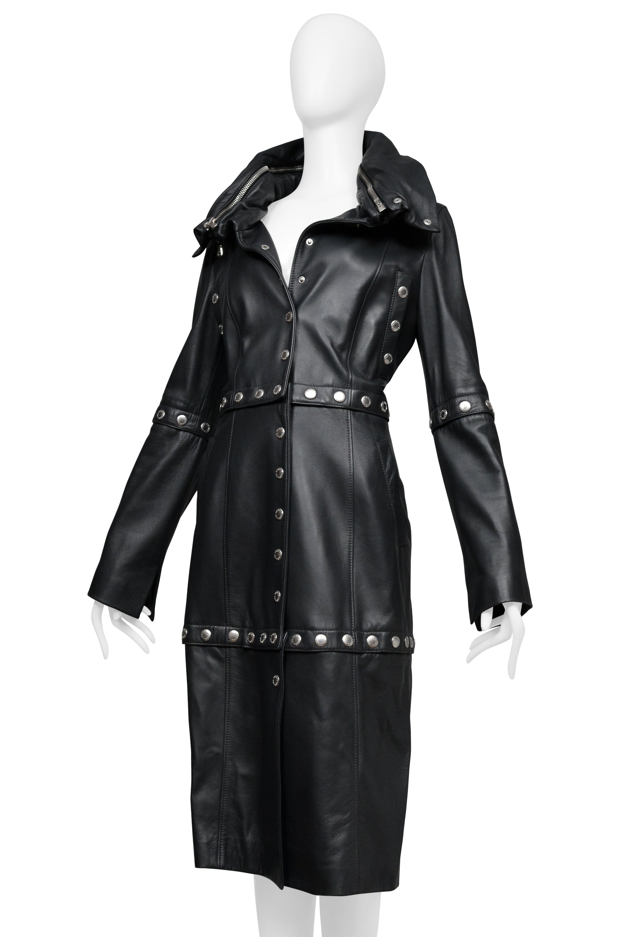 DOLCE & GABBANA BLACK LEATHER COAT WITH HIGH NECK AND SNAPS 2003