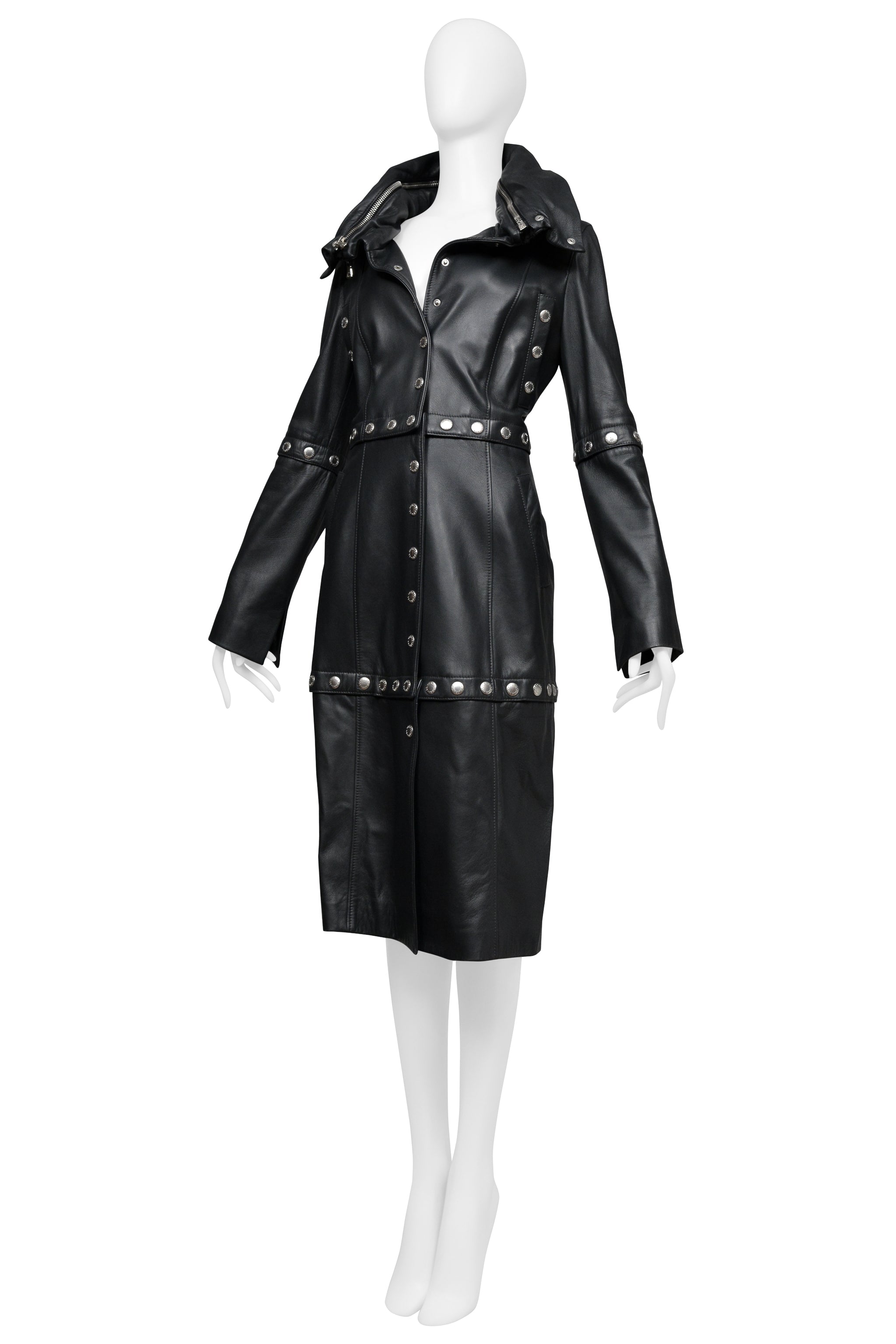 DOLCE & GABBANA BLACK LEATHER COAT WITH HIGH NECK AND SNAPS 2003