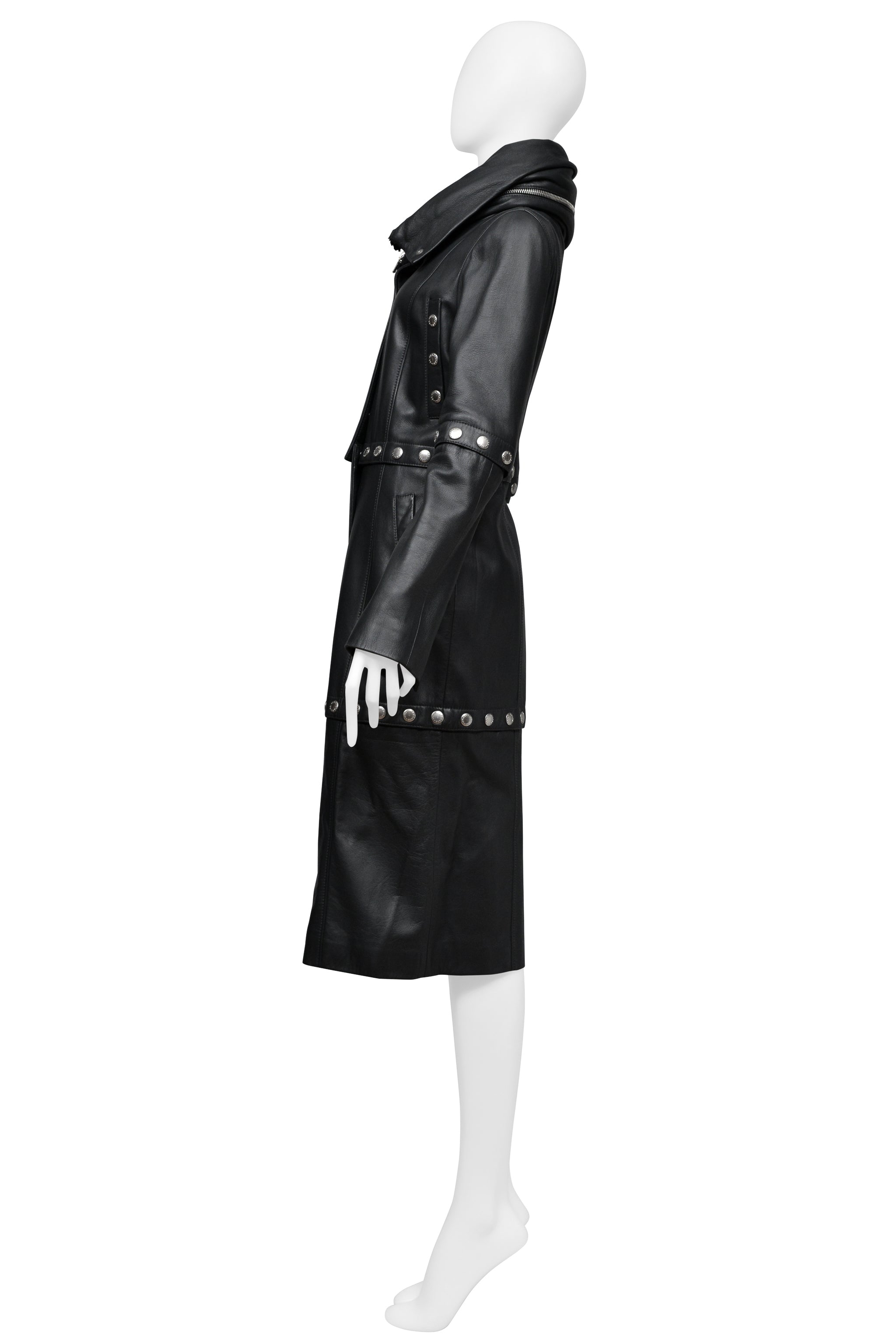 DOLCE & GABBANA BLACK LEATHER COAT WITH HIGH NECK AND SNAPS 2003
