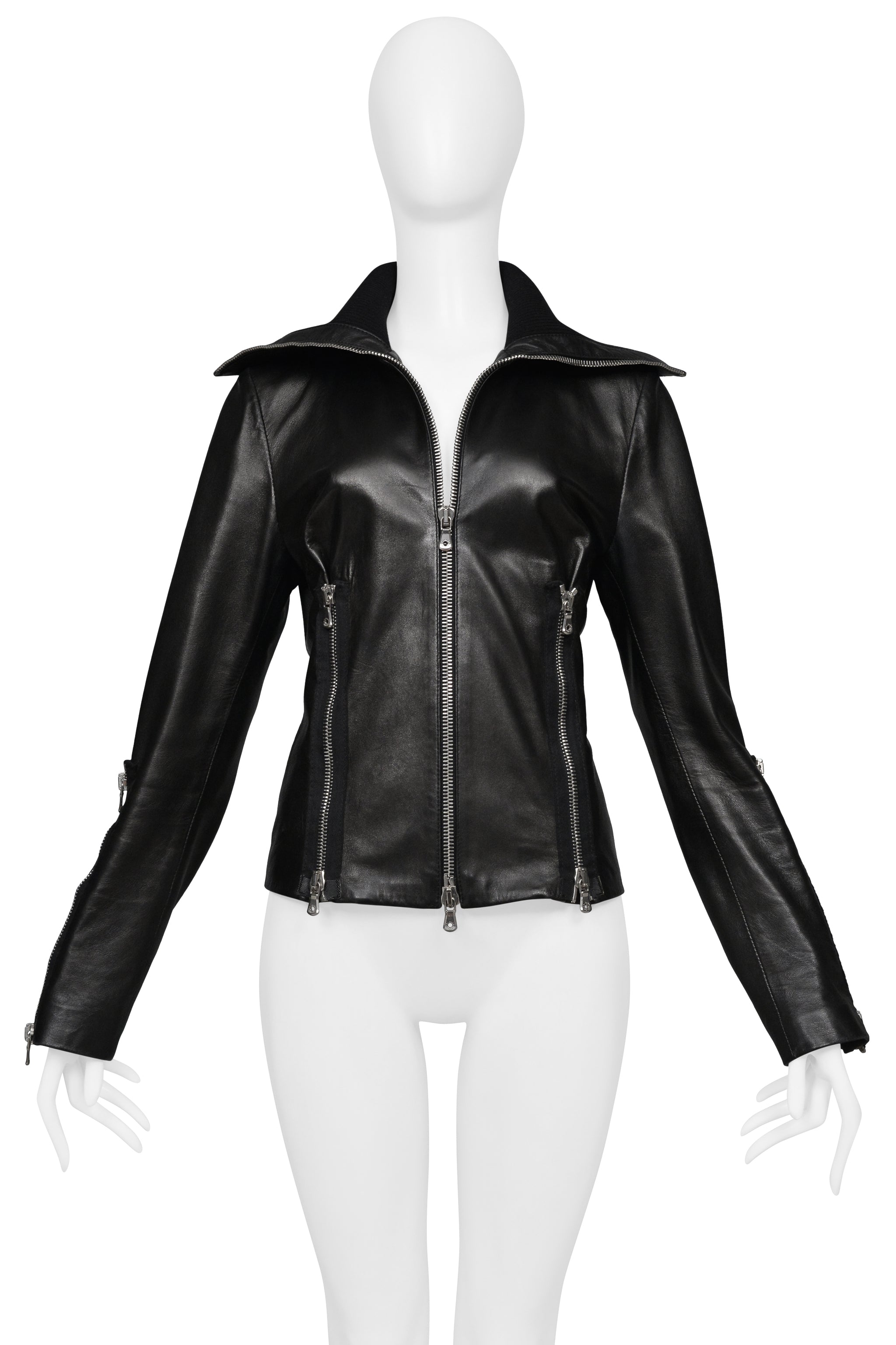 DOLCE & GABBANA BLACK LEATHER JACKET WITH VERTICAL ZIPPERS
