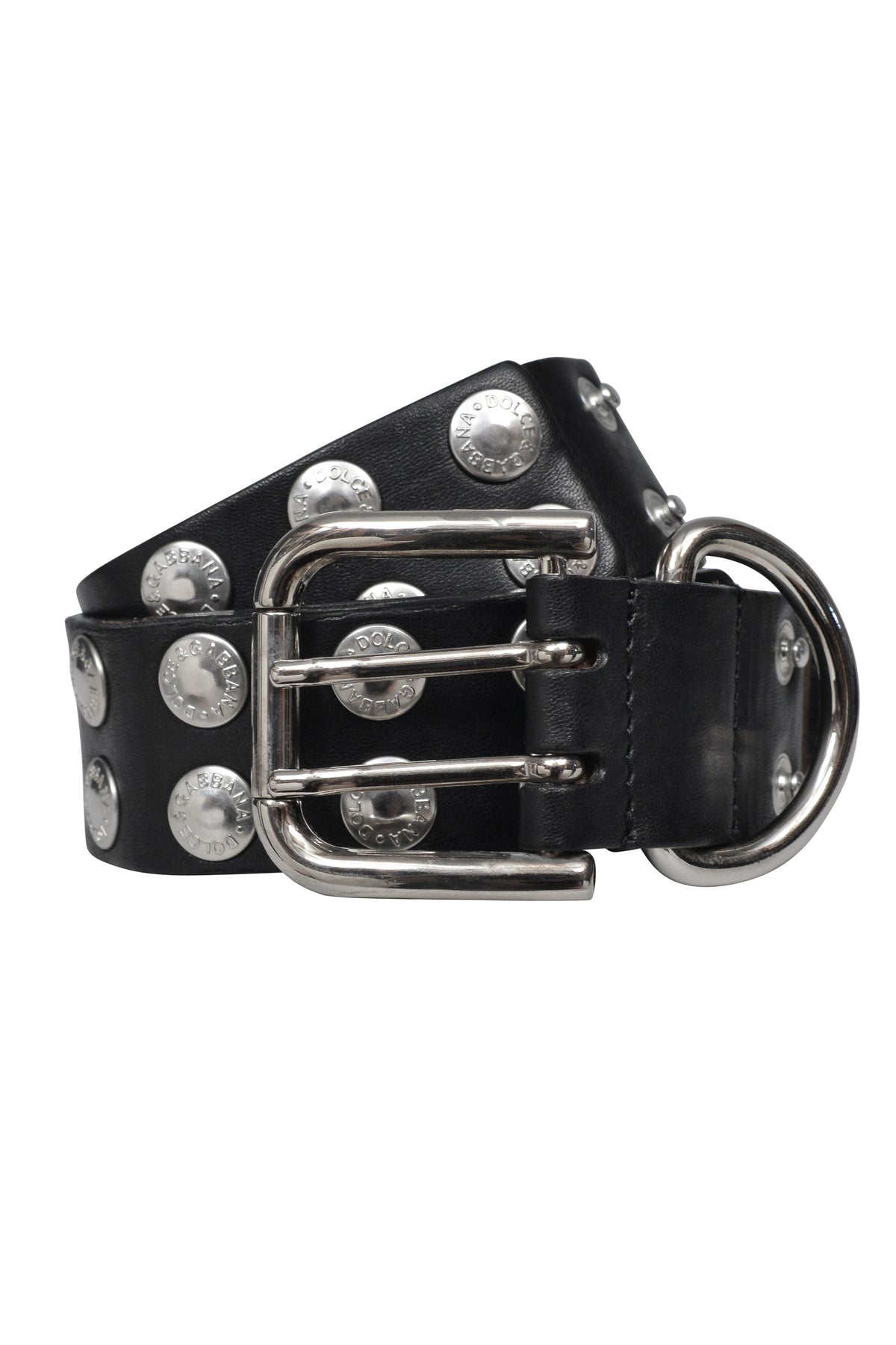DOLCE & GABBANA BLACK LEATHER STUDDED BELT WITH SILVER BUCKLE