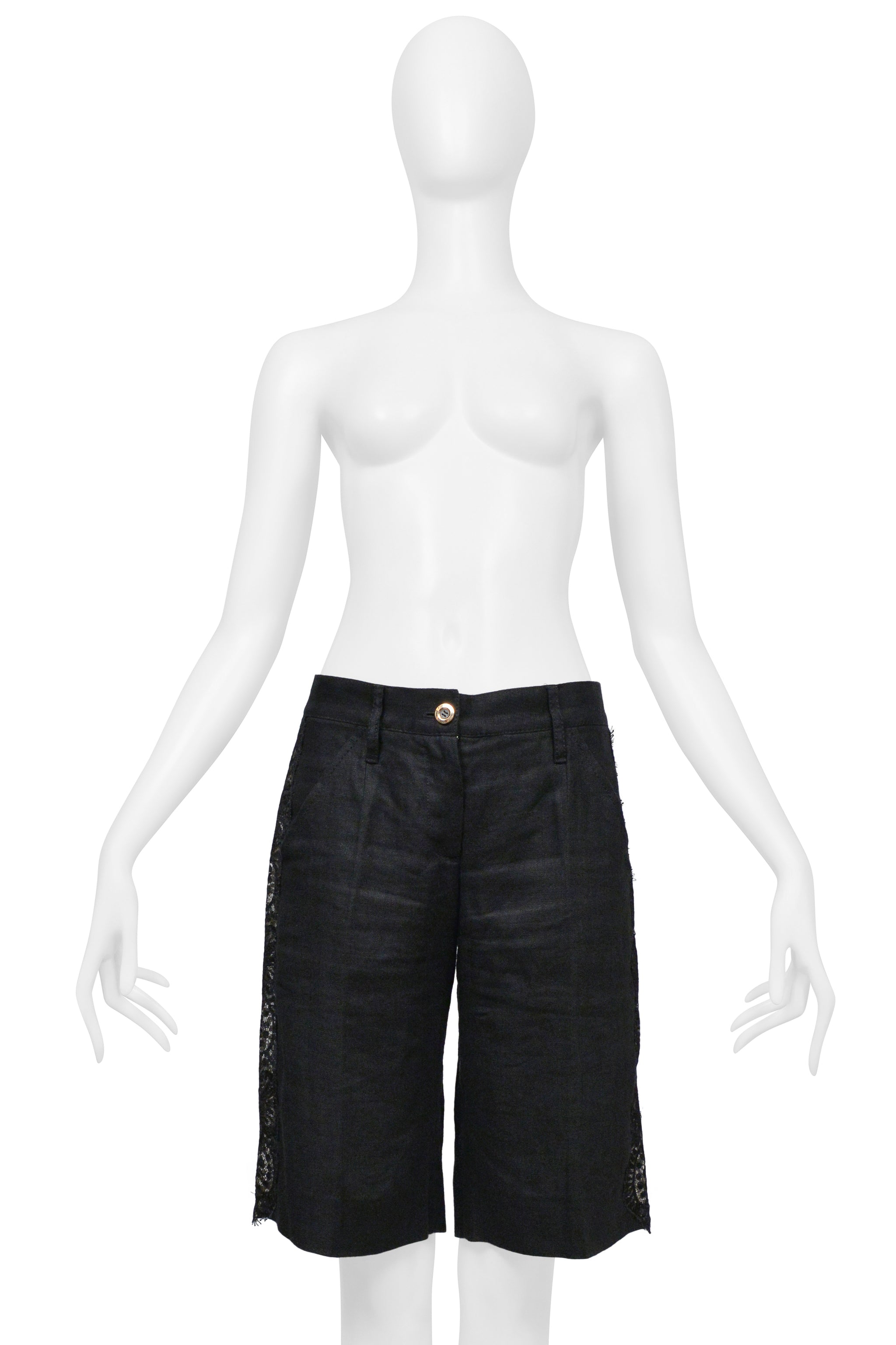 DOLCE & GABBANA BLACK LINEN BERMUDA SHORTS WITH LACE INSETS