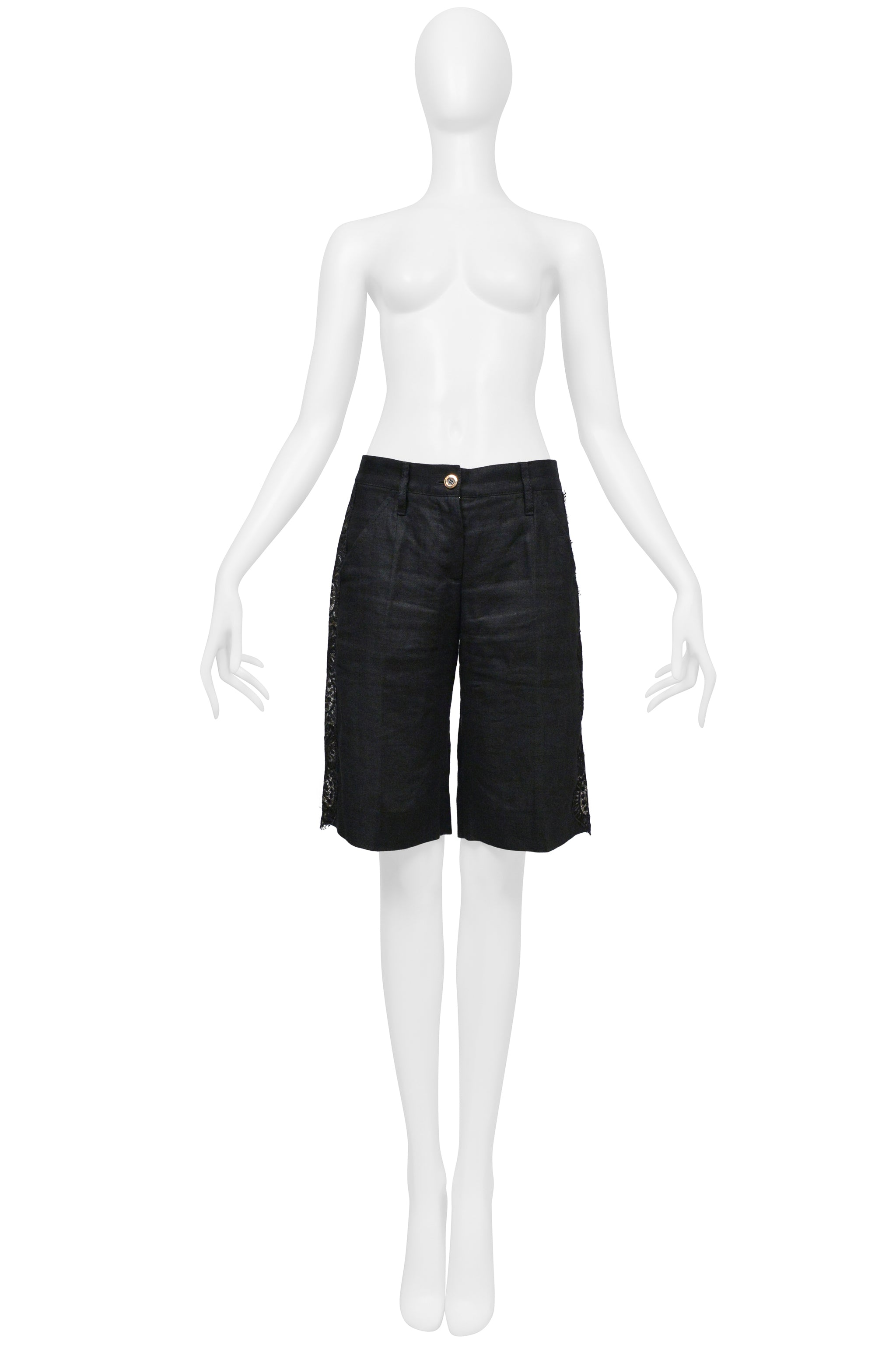 DOLCE & GABBANA BLACK LINEN BERMUDA SHORTS WITH LACE INSETS