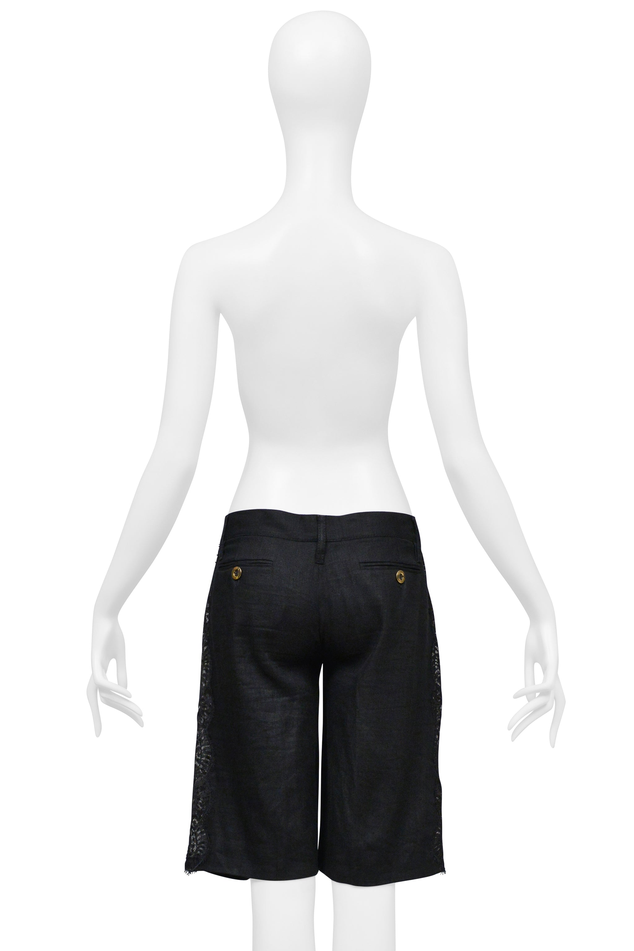 DOLCE & GABBANA BLACK LINEN BERMUDA SHORTS WITH LACE INSETS