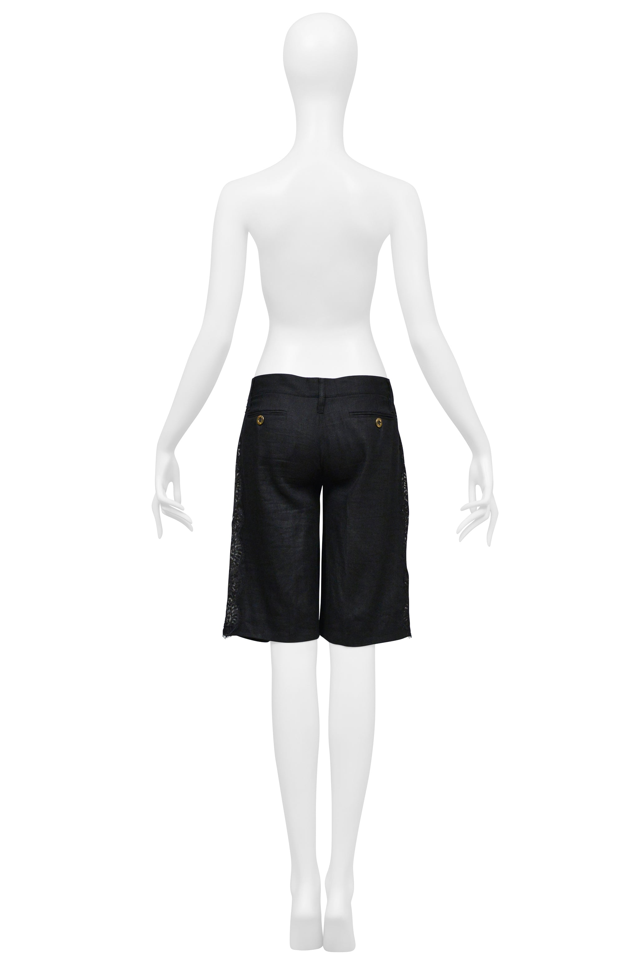 DOLCE & GABBANA BLACK LINEN BERMUDA SHORTS WITH LACE INSETS
