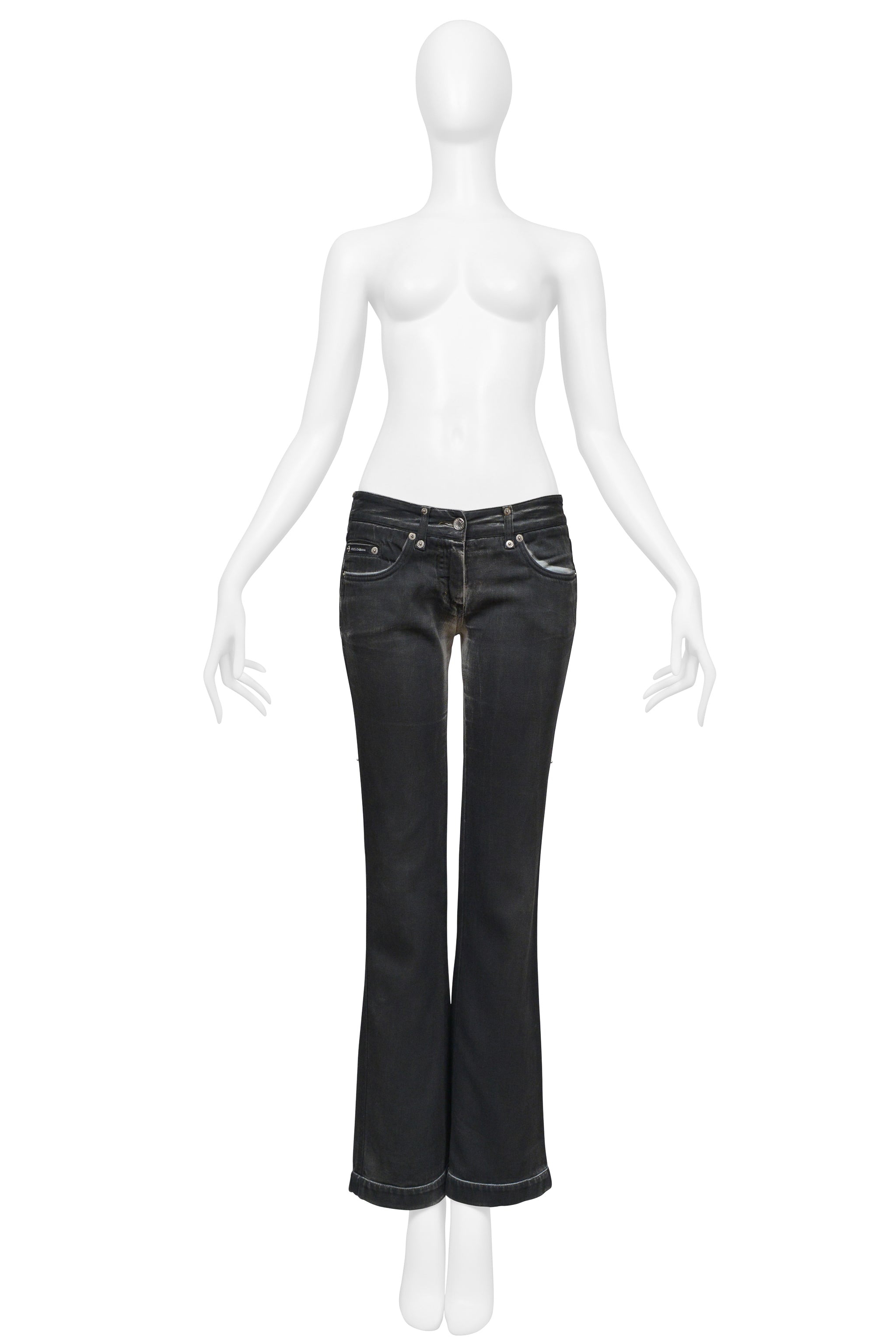 DOLCE & GABBANA BLACK OVERPAINTED WHITE JEANS WITH D&G BADGE