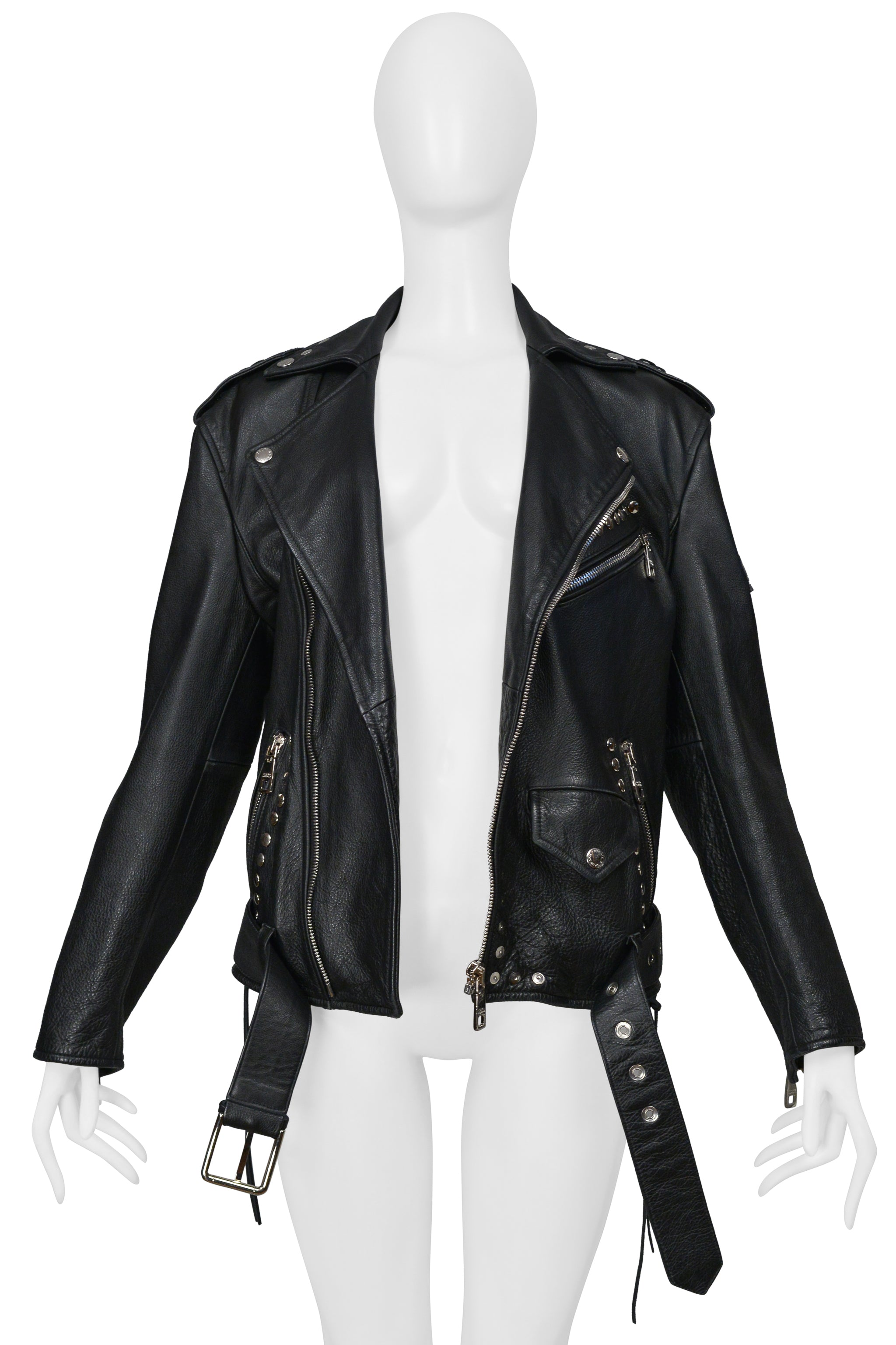 DOLCE & GABBANA BLACK OVERSIZED LEATHER JACKET WITH STUDS AND BELT 2022