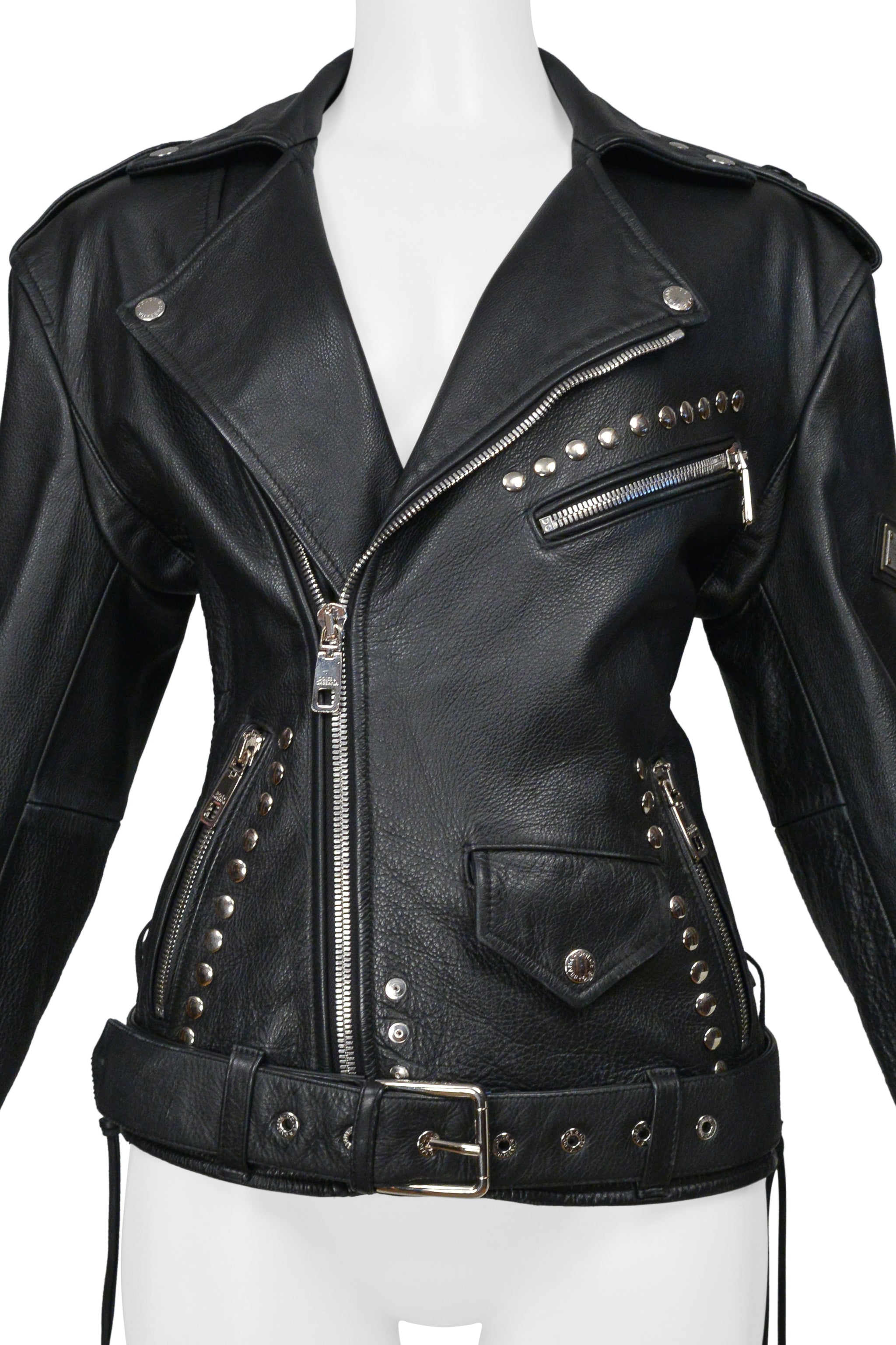 DOLCE & GABBANA BLACK OVERSIZED LEATHER JACKET WITH STUDS AND BELT 2022