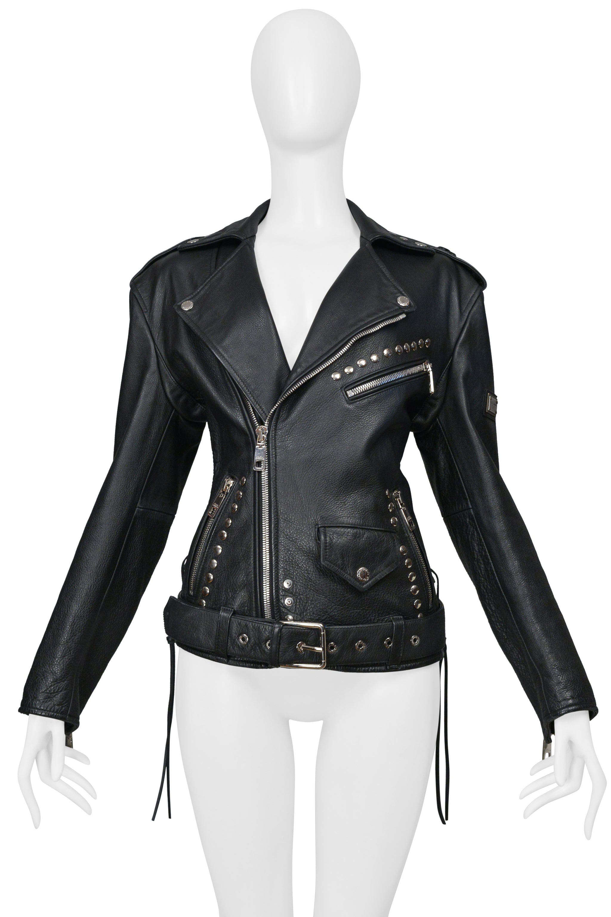 DOLCE & GABBANA 2022 BLACK OVERSIZED LEATHER JACKET WITH STUDS AND BELT