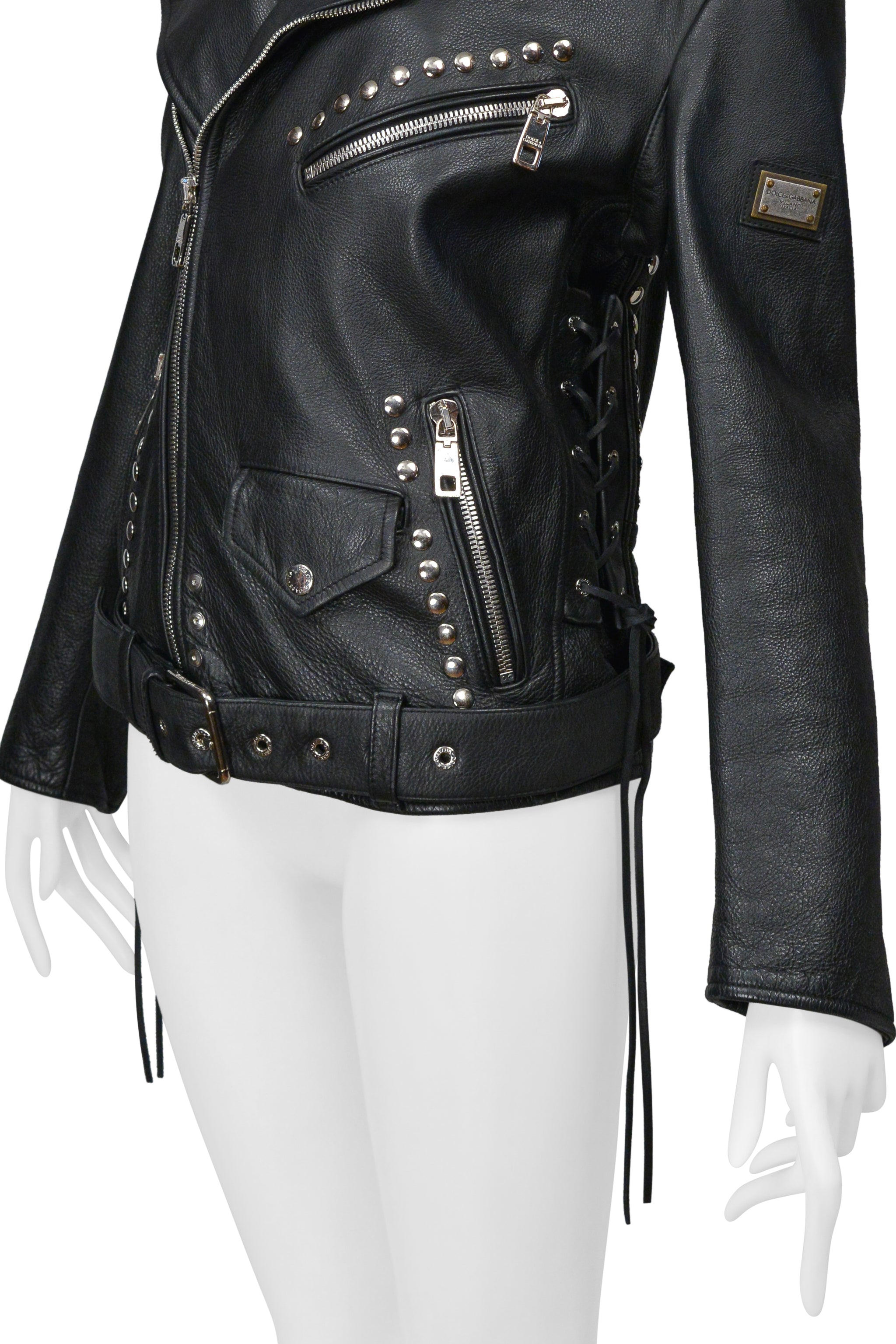 DOLCE & GABBANA BLACK OVERSIZED LEATHER JACKET WITH STUDS AND BELT 2022