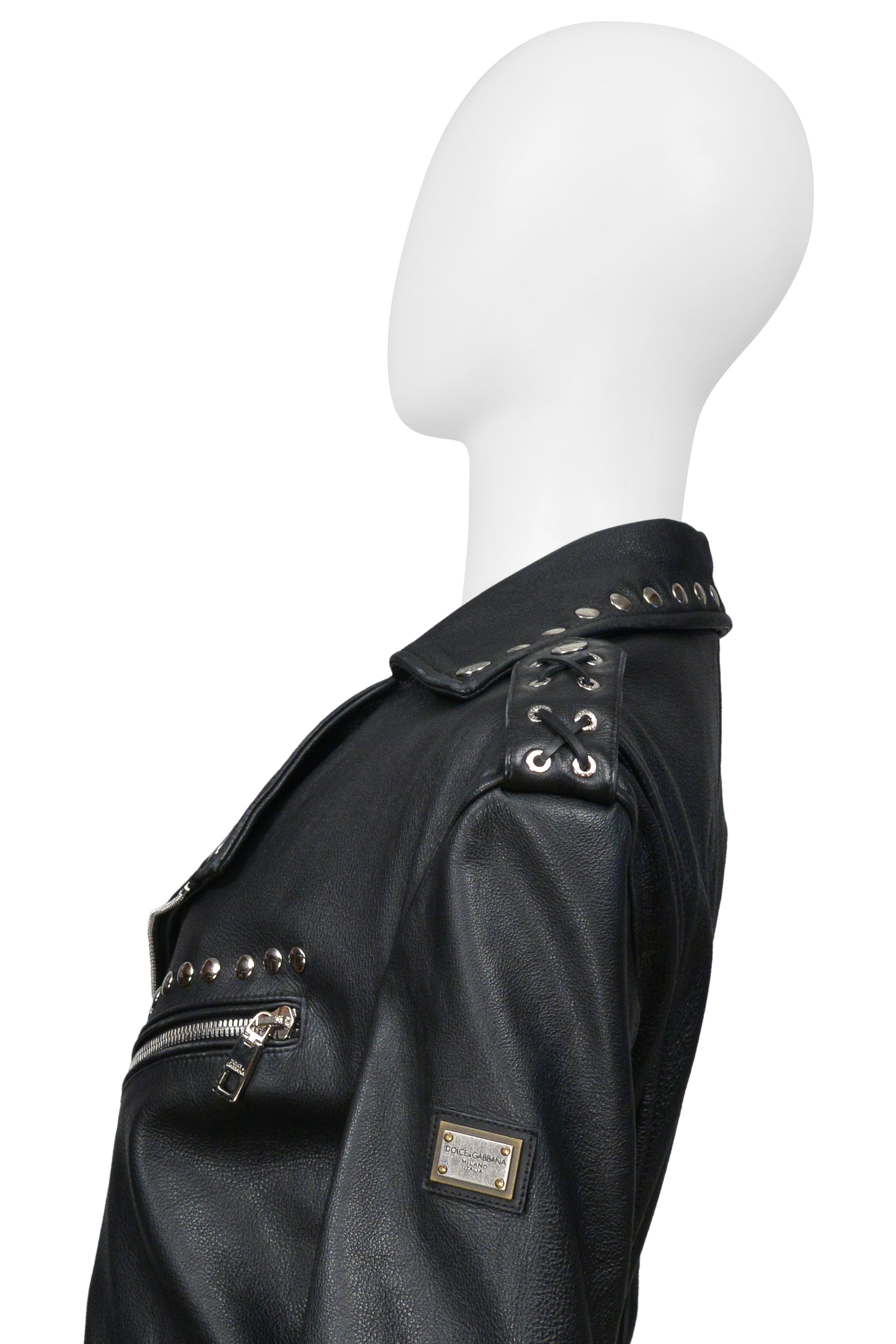 DOLCE & GABBANA BLACK OVERSIZED LEATHER JACKET WITH STUDS AND BELT 2022